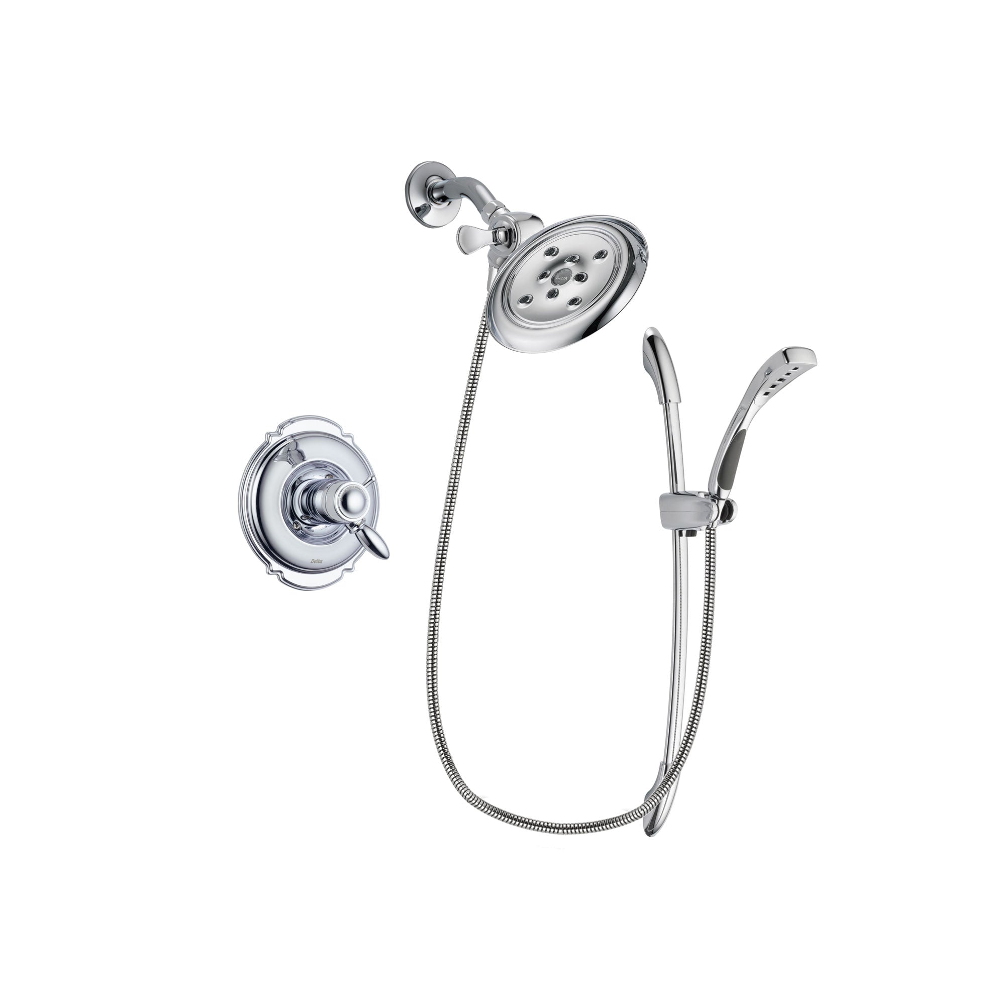 Delta Victorian Chrome Finish Thermostatic Shower Faucet System Package with Large Rain Showerhead and Handheld Shower with Slide Bar Includes Rough-in Valve DSP0496V