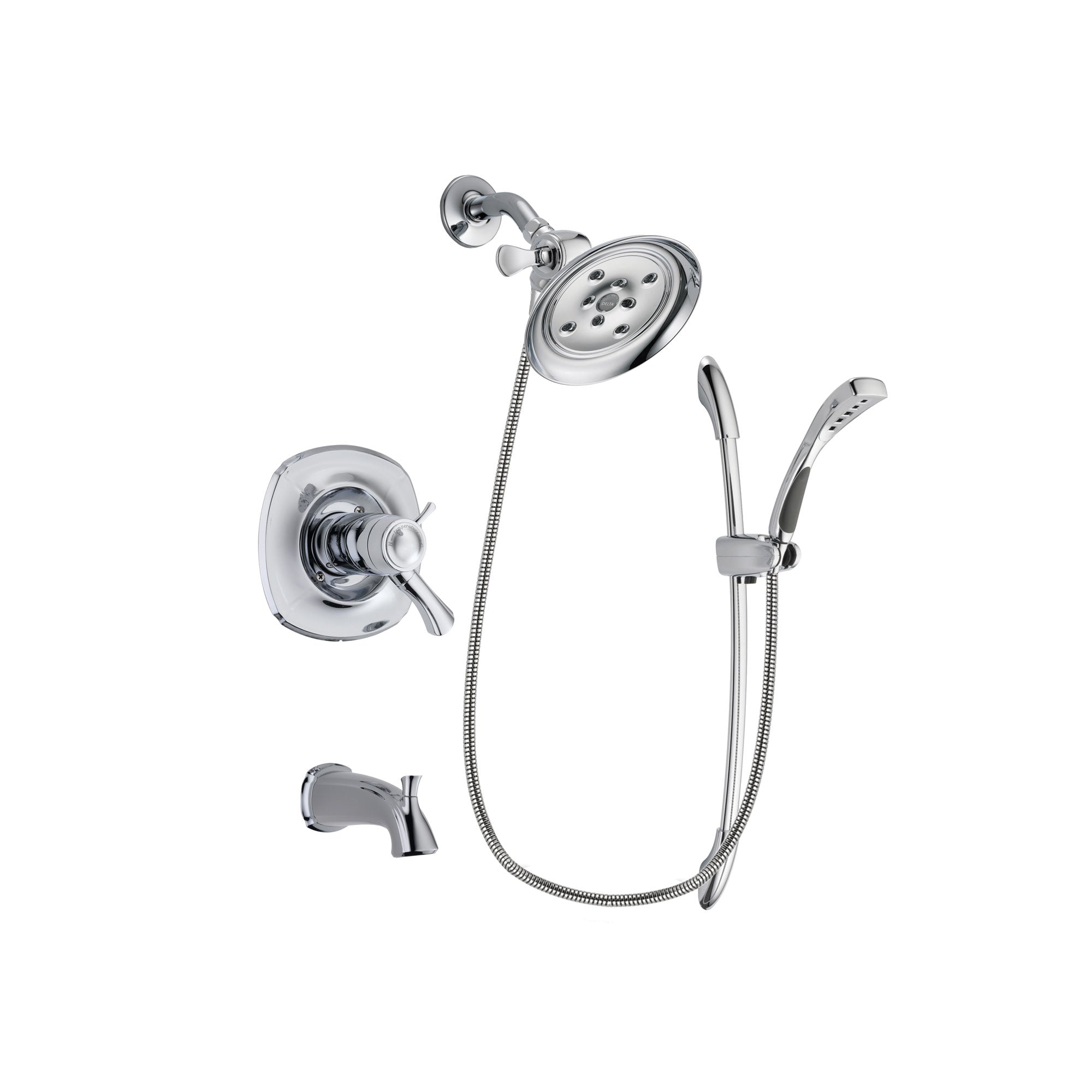 Delta Addison Chrome Finish Thermostatic Tub and Shower Faucet System Package with Large Rain Showerhead and Handheld Shower with Slide Bar Includes Rough-in Valve and Tub Spout DSP0499V