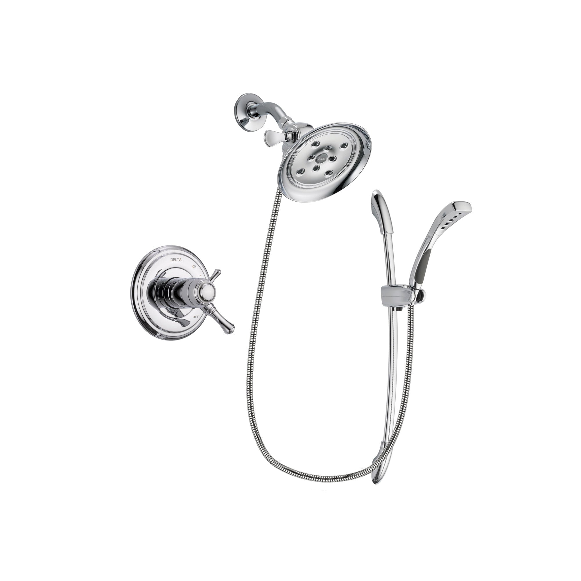 Delta Cassidy Chrome Finish Thermostatic Shower Faucet System Package with Large Rain Showerhead and Handheld Shower with Slide Bar Includes Rough-in Valve DSP0502V