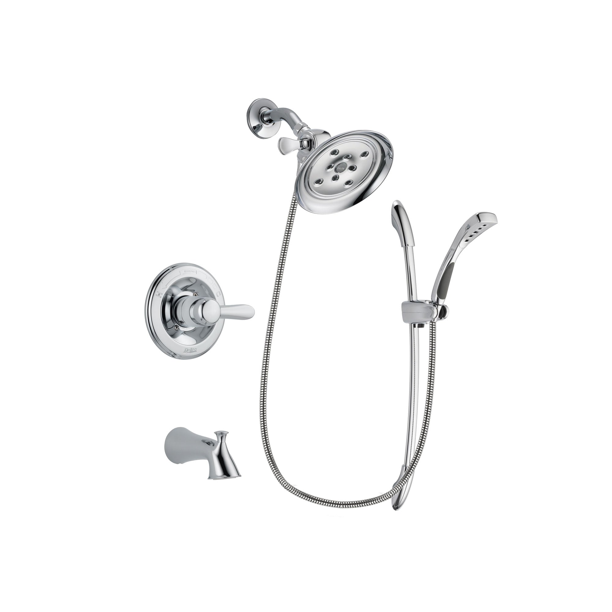 Delta Lahara Chrome Finish Tub and Shower Faucet System Package with Large Rain Showerhead and Handheld Shower with Slide Bar Includes Rough-in Valve and Tub Spout DSP0503V