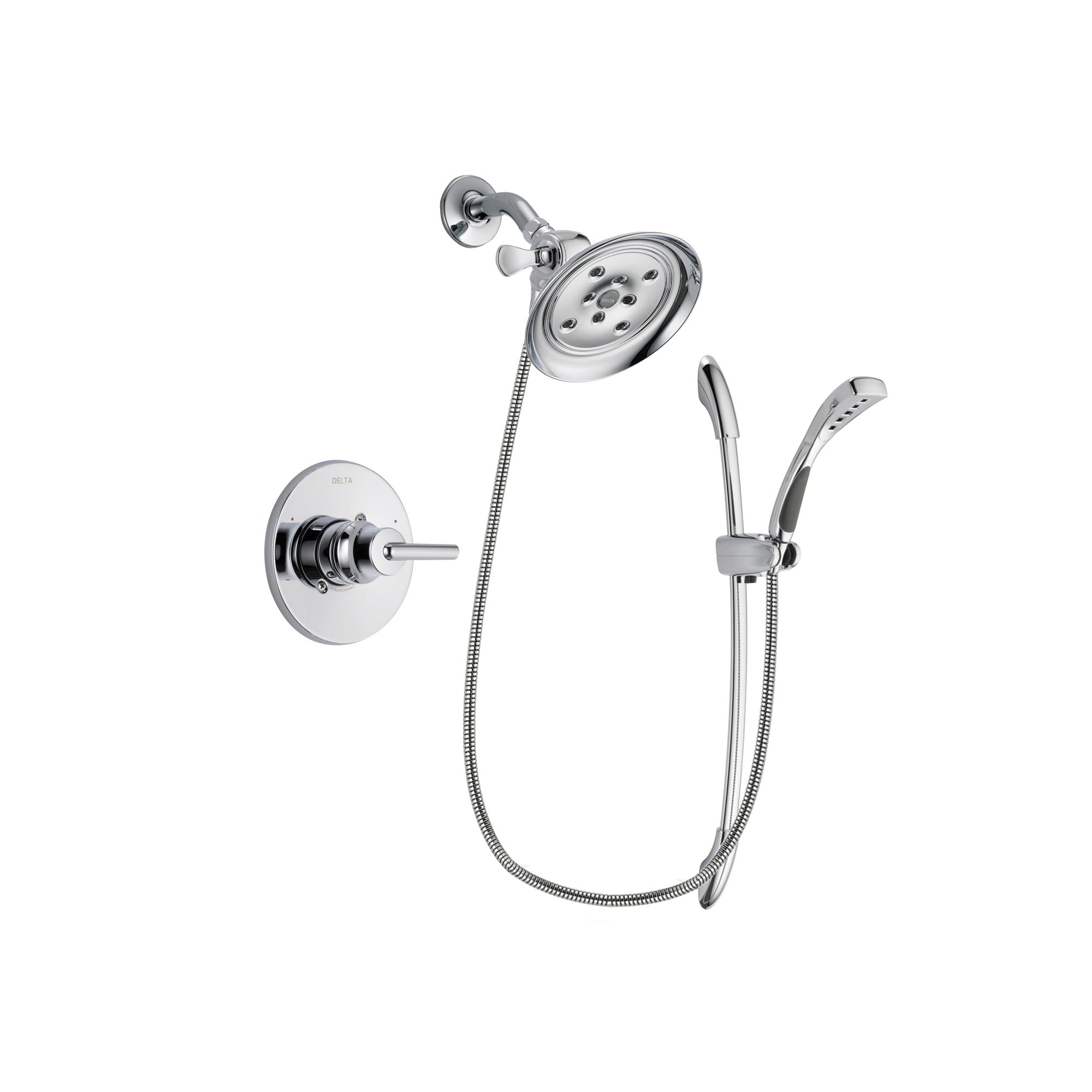 Delta Trinsic Chrome Finish Shower Faucet System Package with Large Rain Showerhead and Handheld Shower with Slide Bar Includes Rough-in Valve DSP0506V