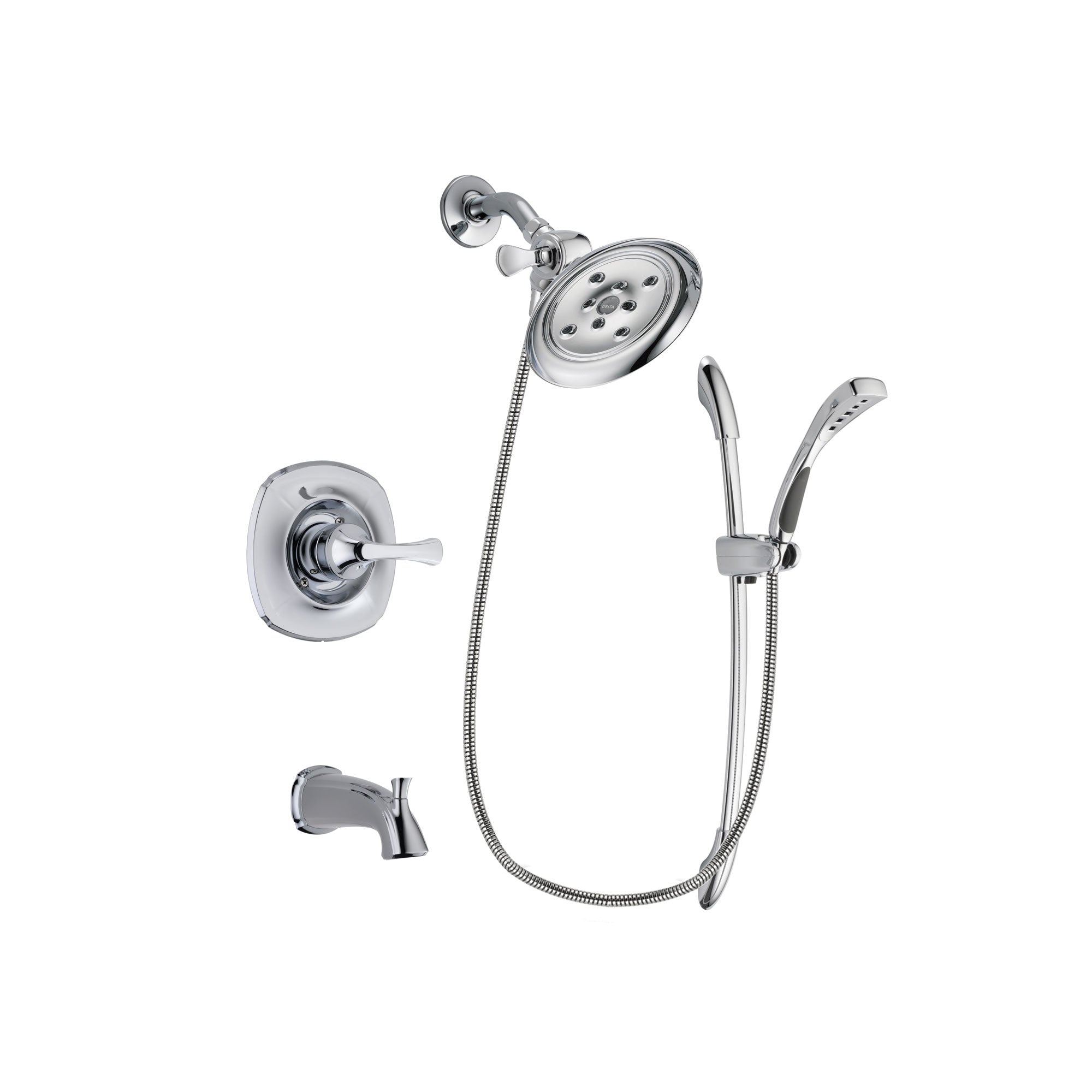 Delta Addison Chrome Finish Tub and Shower Faucet System Package with Large Rain Showerhead and Handheld Shower with Slide Bar Includes Rough-in Valve and Tub Spout DSP0509V
