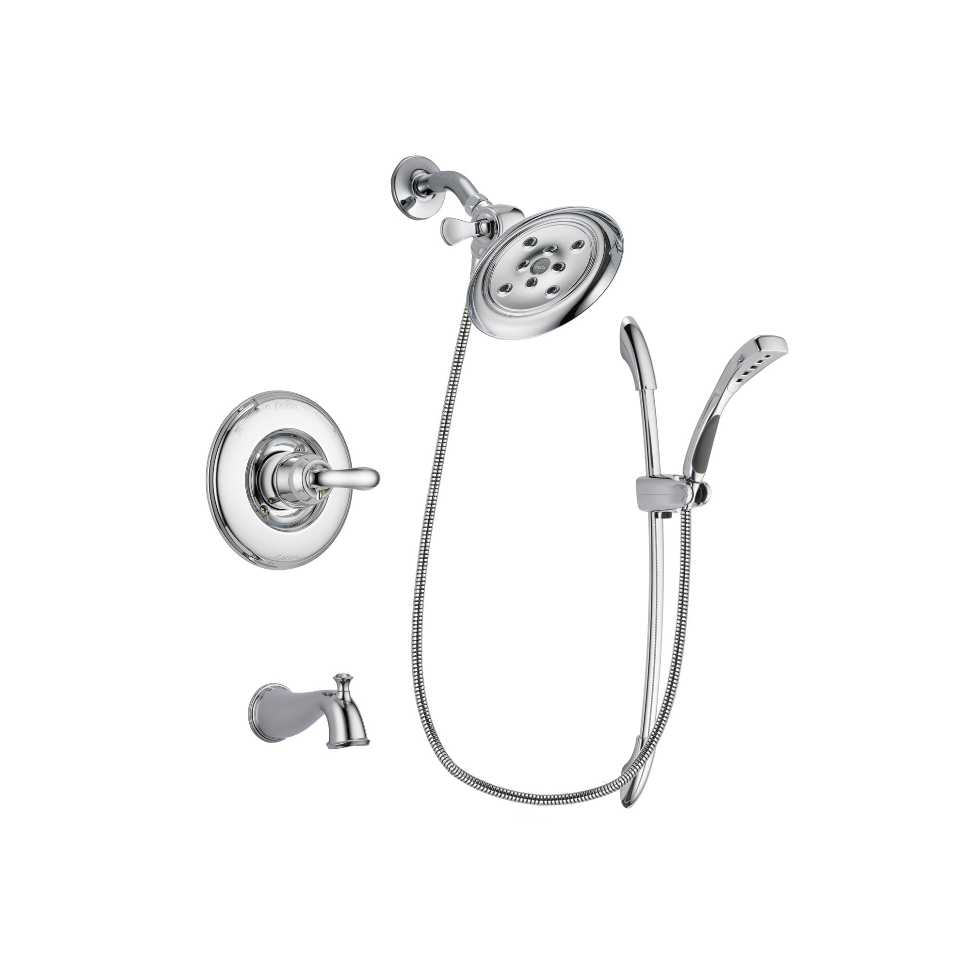 Delta Linden Chrome Finish Tub and Shower Faucet System Package with Large Rain Showerhead and Handheld Shower with Slide Bar Includes Rough-in Valve and Tub Spout DSP0511V