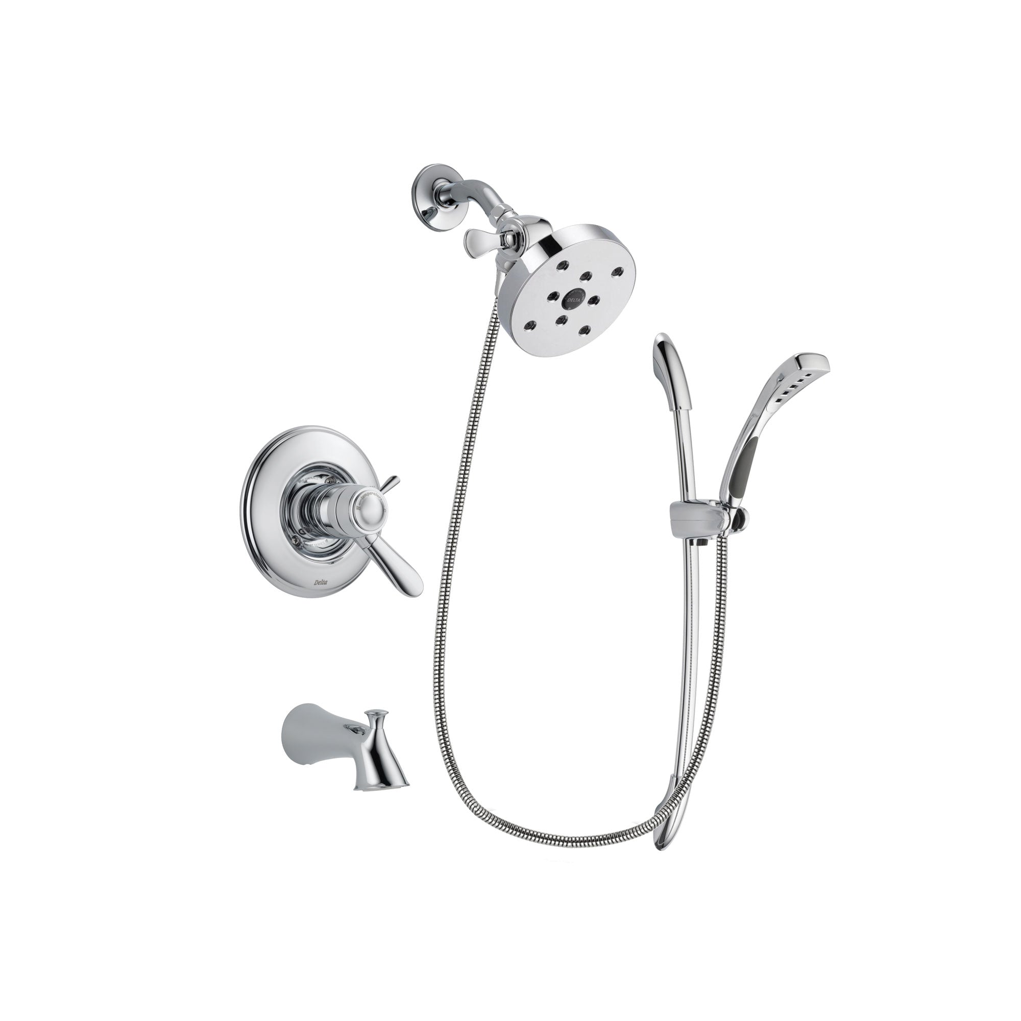 Delta Lahara Chrome Finish Thermostatic Tub and Shower Faucet System Package with 5-1/2 inch Shower Head and Handheld Shower with Slide Bar Includes Rough-in Valve and Tub Spout DSP0527V