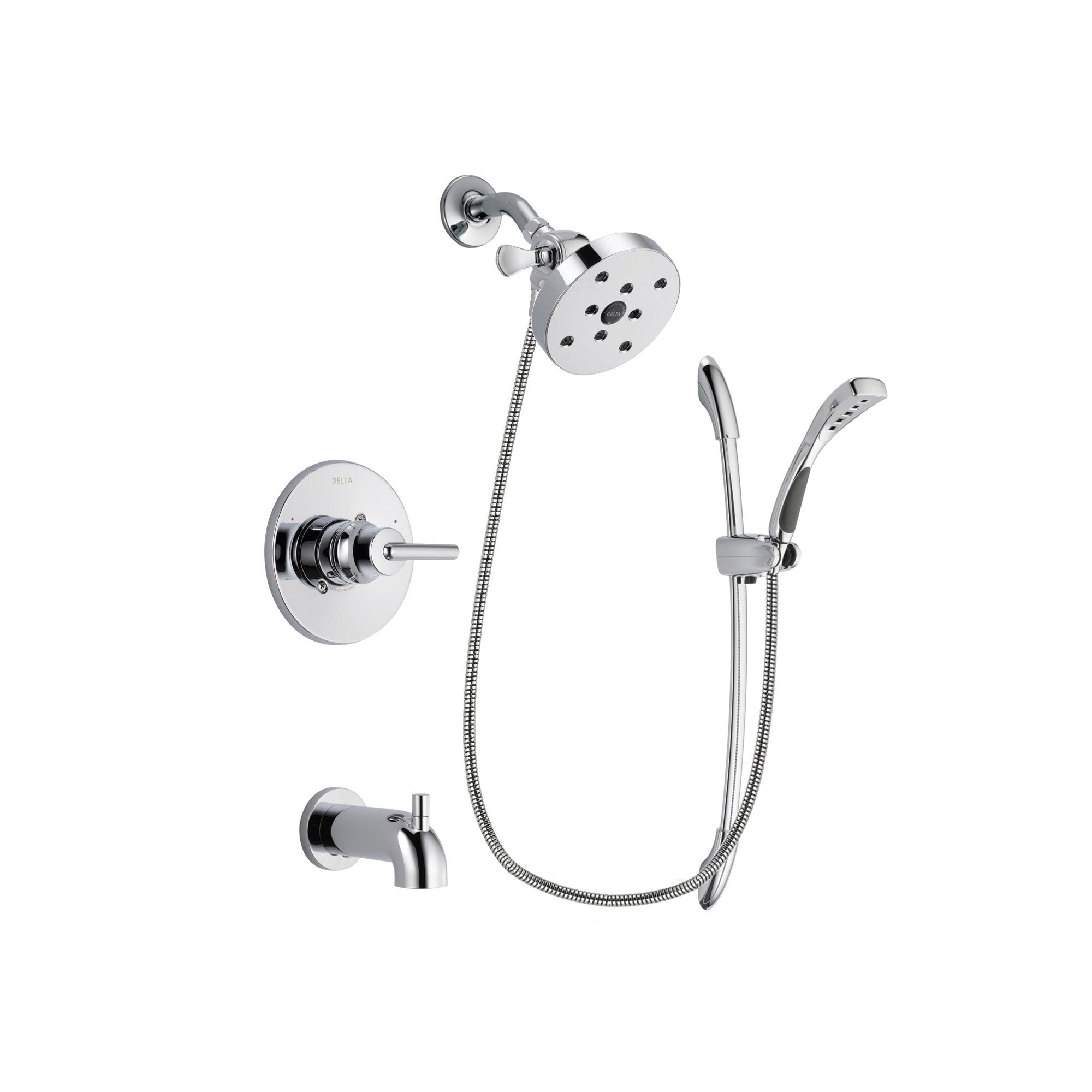 Delta Trinsic Chrome Finish Tub and Shower Faucet System Package with 5-1/2 inch Shower Head and Handheld Shower with Slide Bar Includes Rough-in Valve and Tub Spout DSP0539V