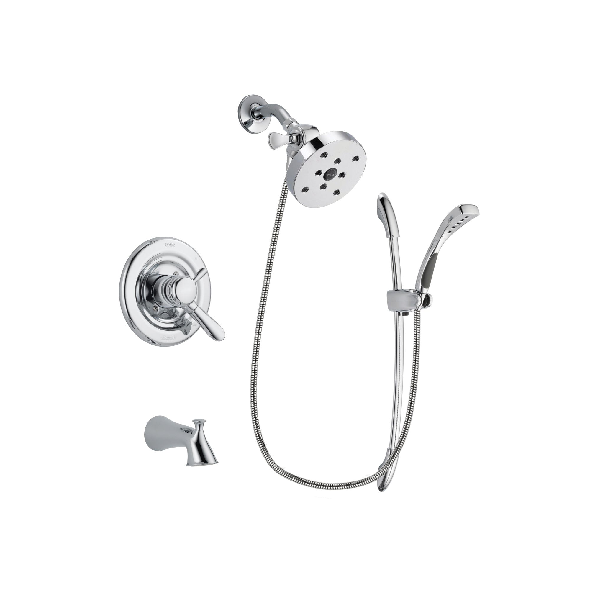 Delta Lahara Chrome Finish Dual Control Tub and Shower Faucet System Package with 5-1/2 inch Shower Head and Handheld Shower with Slide Bar Includes Rough-in Valve and Tub Spout DSP0547V