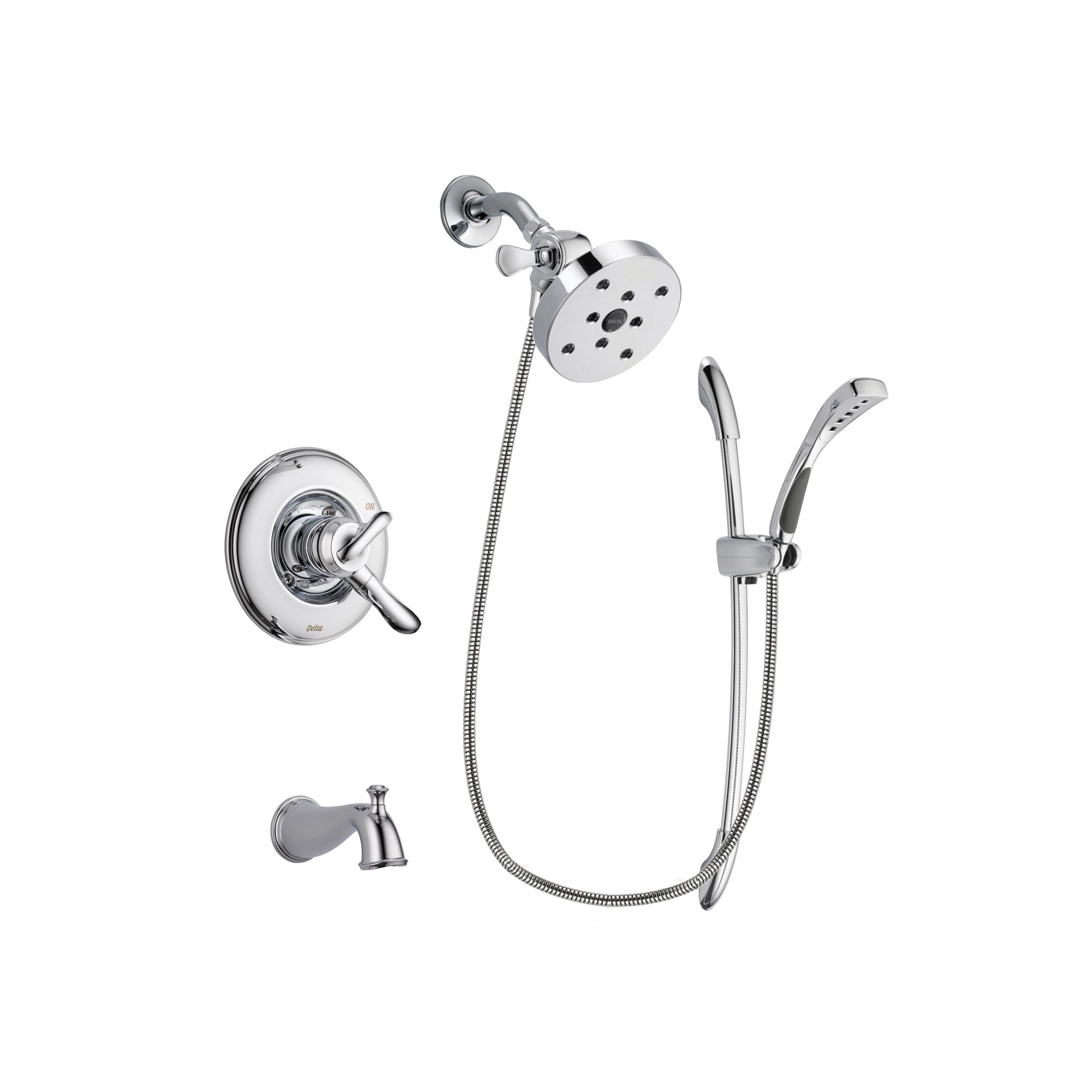 Delta Linden Chrome Finish Dual Control Tub and Shower Faucet System Package with 5-1/2 inch Shower Head and Handheld Shower with Slide Bar Includes Rough-in Valve and Tub Spout DSP0557V