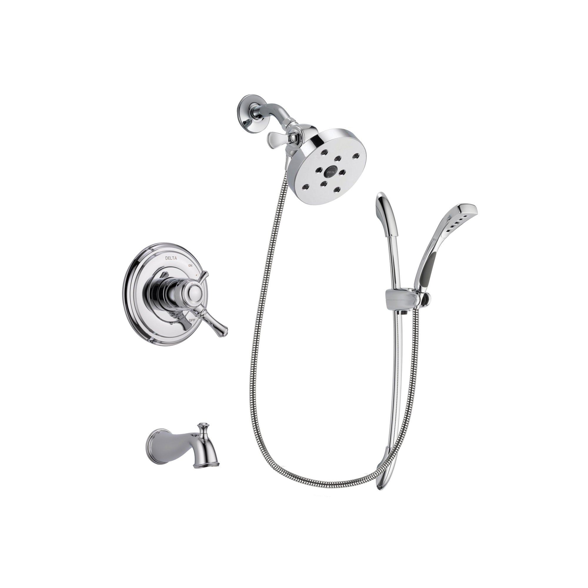 Delta Cassidy Chrome Finish Dual Control Tub and Shower Faucet System Package with 5-1/2 inch Shower Head and Handheld Shower with Slide Bar Includes Rough-in Valve and Tub Spout DSP0559V