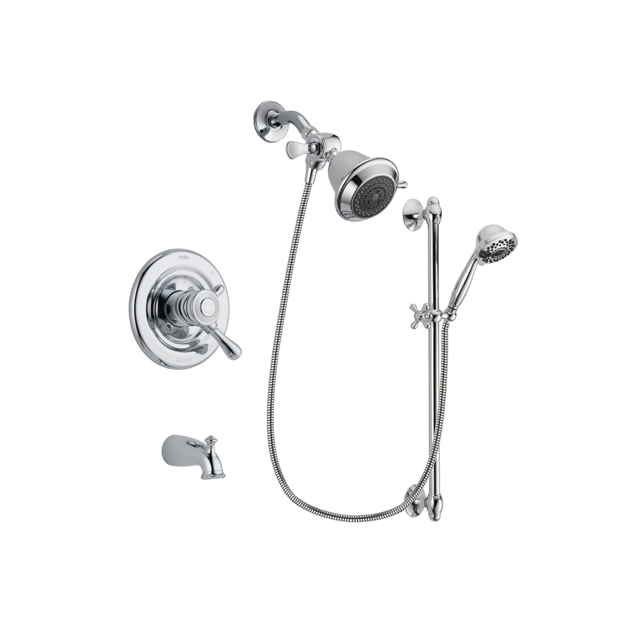 Delta Leland Chrome Finish Dual Control Tub and Shower Faucet System Package with Shower Head and 7-Spray Handheld Shower Sprayer with Slide Bar Includes Rough-in Valve and Tub Spout DSP0587V