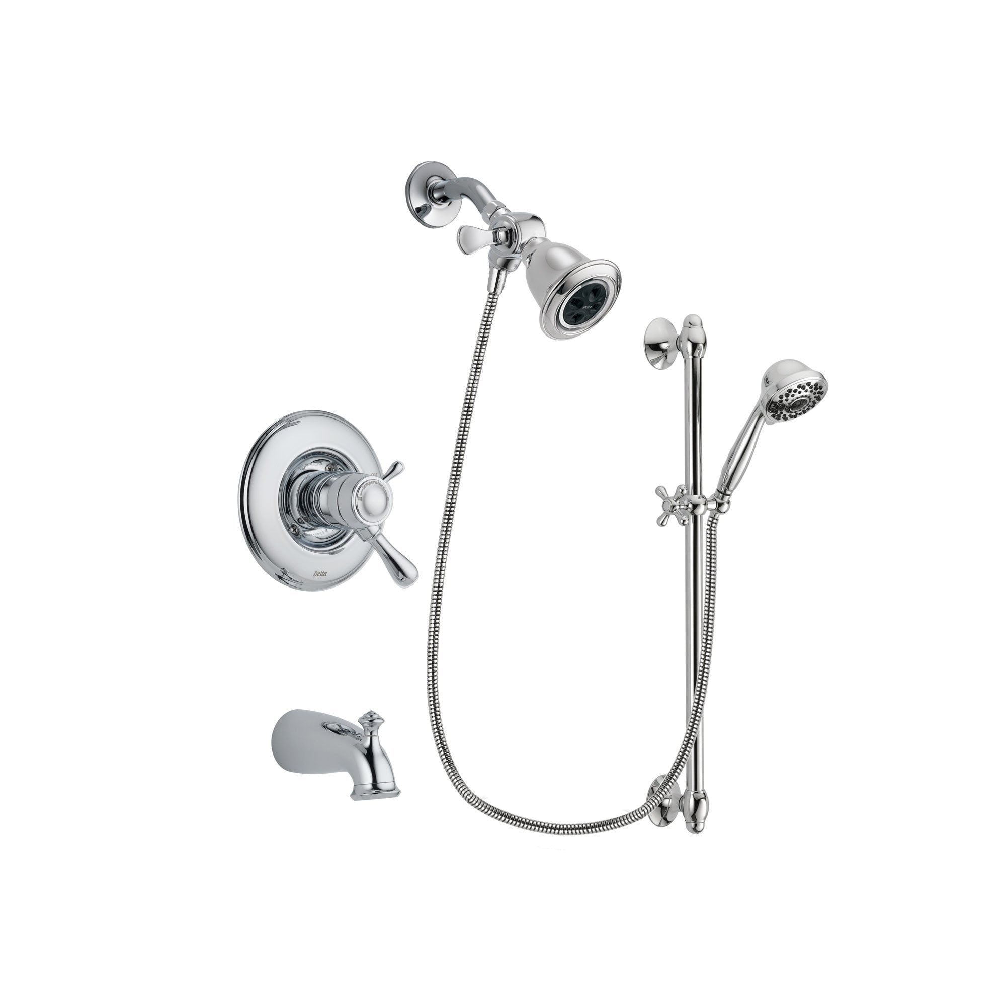 Delta Leland Chrome Finish Thermostatic Tub and Shower Faucet System Package with Water Efficient Showerhead and 7-Spray Handheld Shower Sprayer with Slide Bar Includes Rough-in Valve and Tub Spout DSP0599V