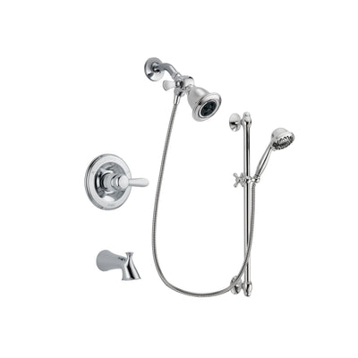 Delta Lahara Chrome Finish Tub and Shower Faucet System Package with Water Efficient Showerhead and 7-Spray Handheld Shower Sprayer with Slide Bar Includes Rough-in Valve and Tub Spout DSP0605V