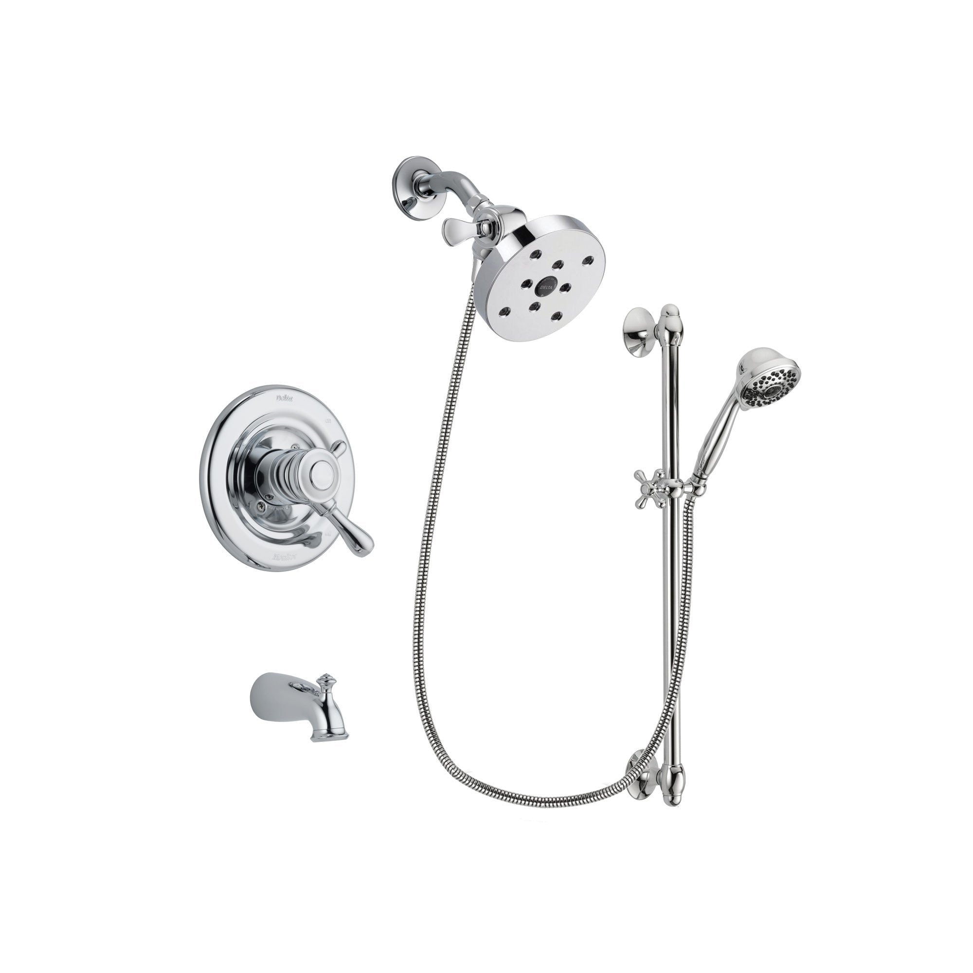 Delta Leland Chrome Finish Dual Control Tub and Shower Faucet System Package with 5-1/2 inch Shower Head and 7-Spray Handheld Shower Sprayer with Slide Bar Includes Rough-in Valve and Tub Spout DSP0689V