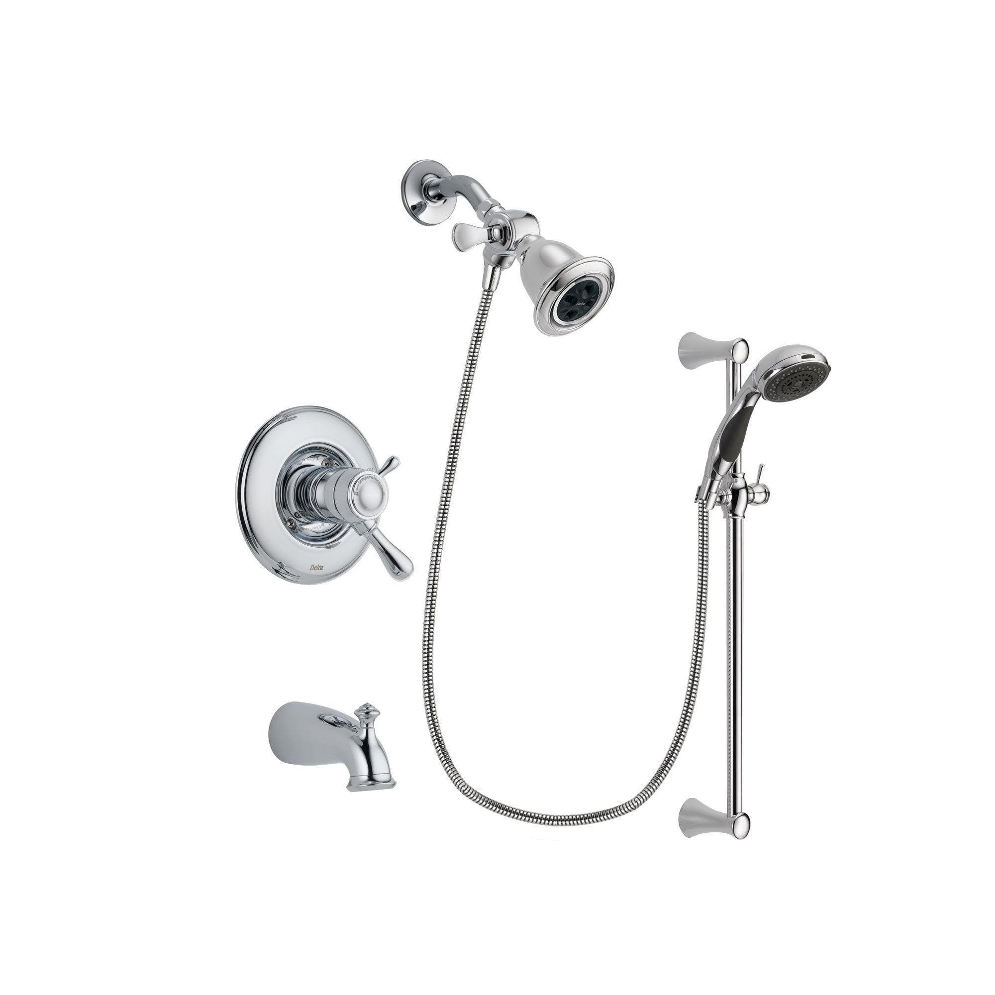 Delta Leland Chrome Finish Thermostatic Tub and Shower Faucet System Package with Water Efficient Showerhead and 5-Spray Wall Mount Slide Bar with Personal Handheld Shower Includes Rough-in Valve and Tub Spout DSP0735V