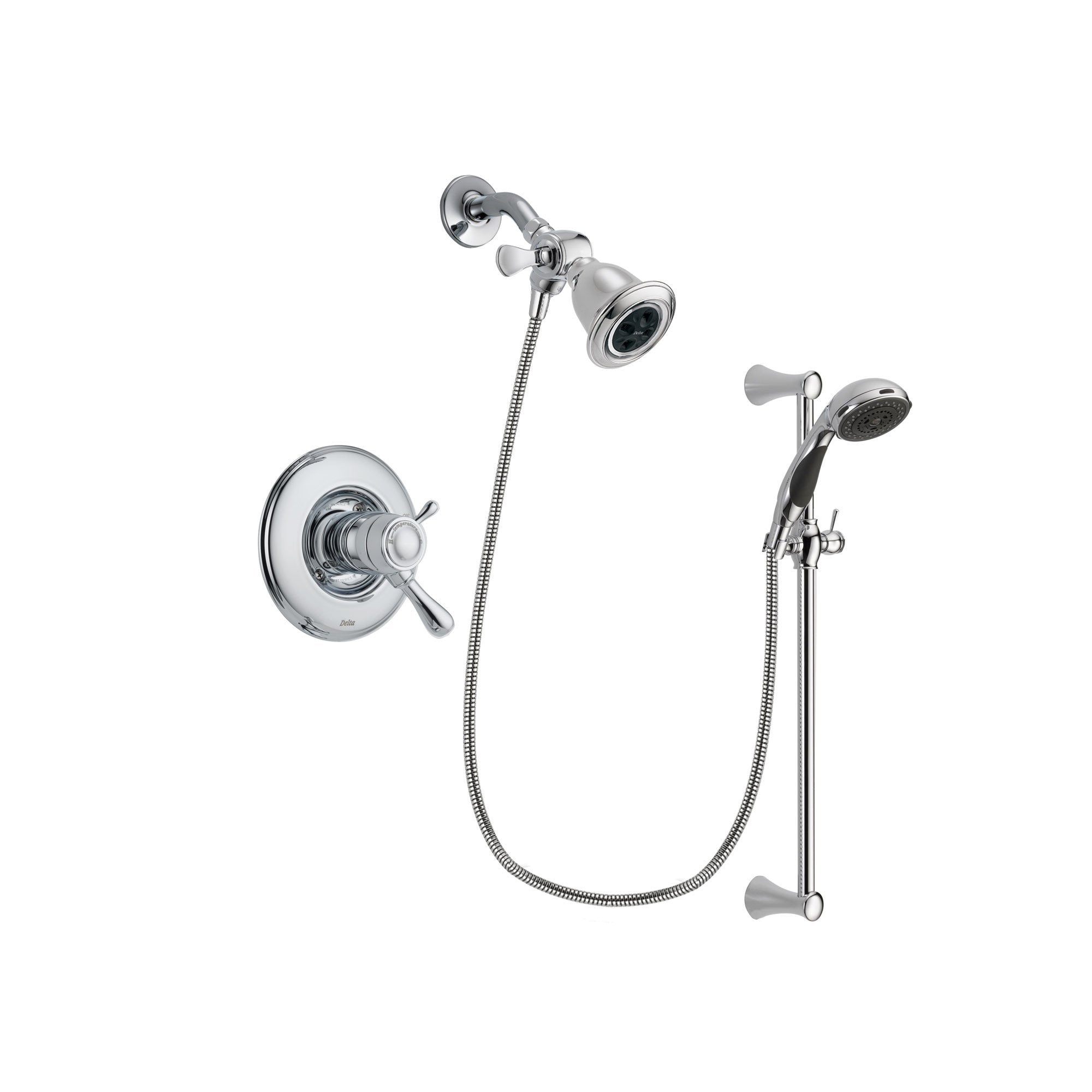 Delta Leland Chrome Finish Thermostatic Shower Faucet System Package with Water Efficient Showerhead and 5-Spray Wall Mount Slide Bar with Personal Handheld Shower Includes Rough-in Valve DSP0736V