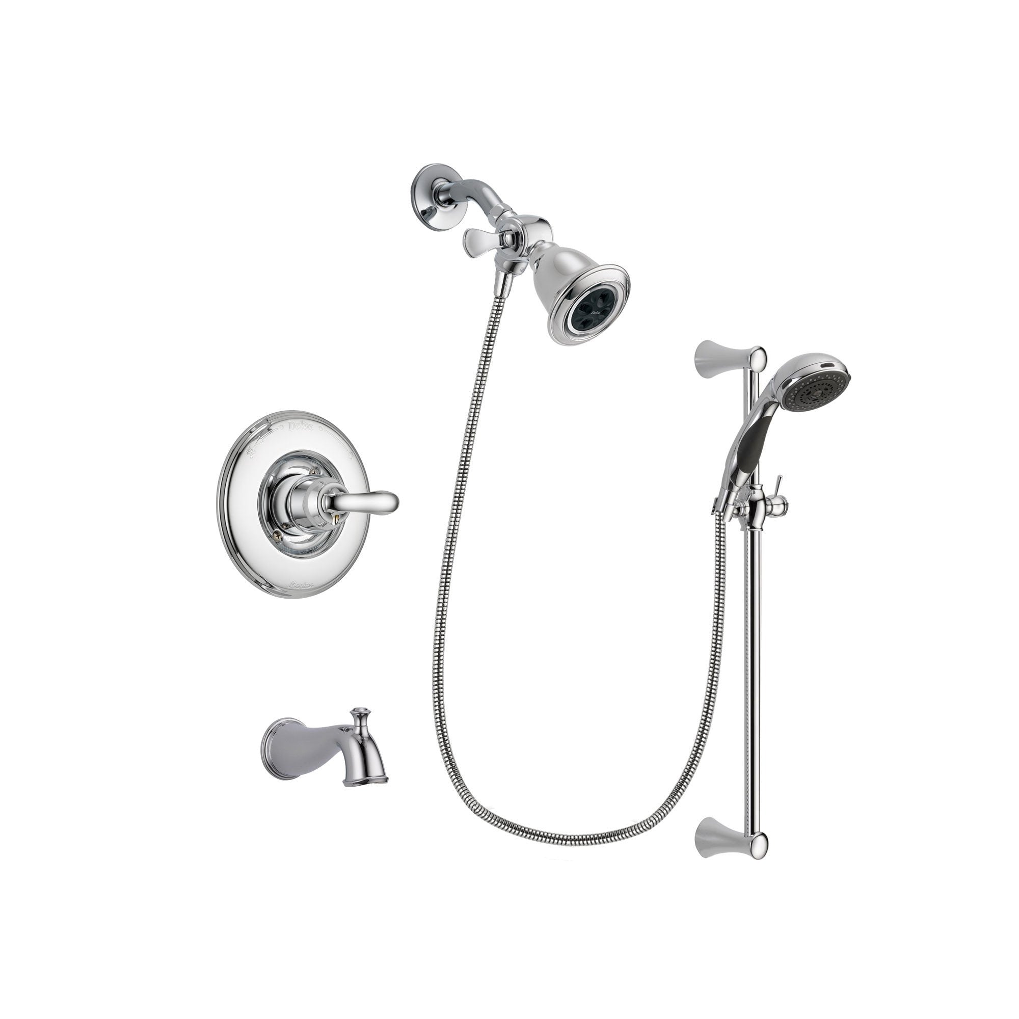 Delta Linden Chrome Finish Tub and Shower Faucet System Package with Water Efficient Showerhead and 5-Spray Wall Mount Slide Bar with Personal Handheld Shower Includes Rough-in Valve and Tub Spout DSP0749V