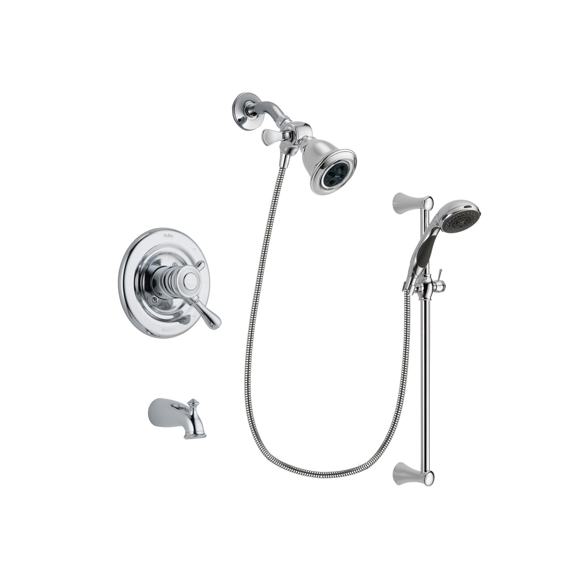 Delta Leland Chrome Finish Dual Control Tub and Shower Faucet System Package with Water Efficient Showerhead and 5-Spray Wall Mount Slide Bar with Personal Handheld Shower Includes Rough-in Valve and Tub Spout DSP0757V