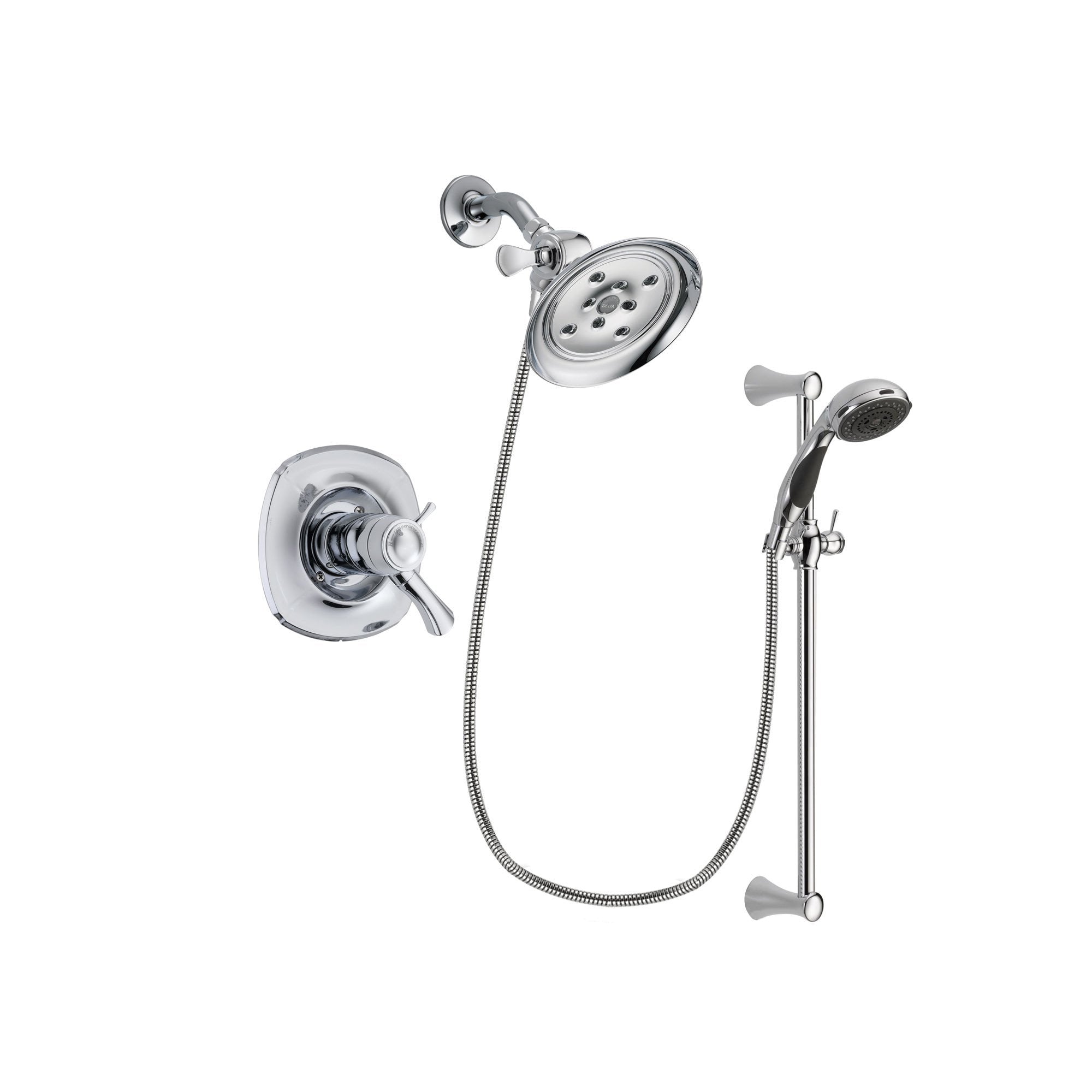 Delta Addison Chrome Finish Thermostatic Shower Faucet System Package with Large Rain Showerhead and 5-Spray Wall Mount Slide Bar with Personal Handheld Shower Includes Rough-in Valve DSP0772V