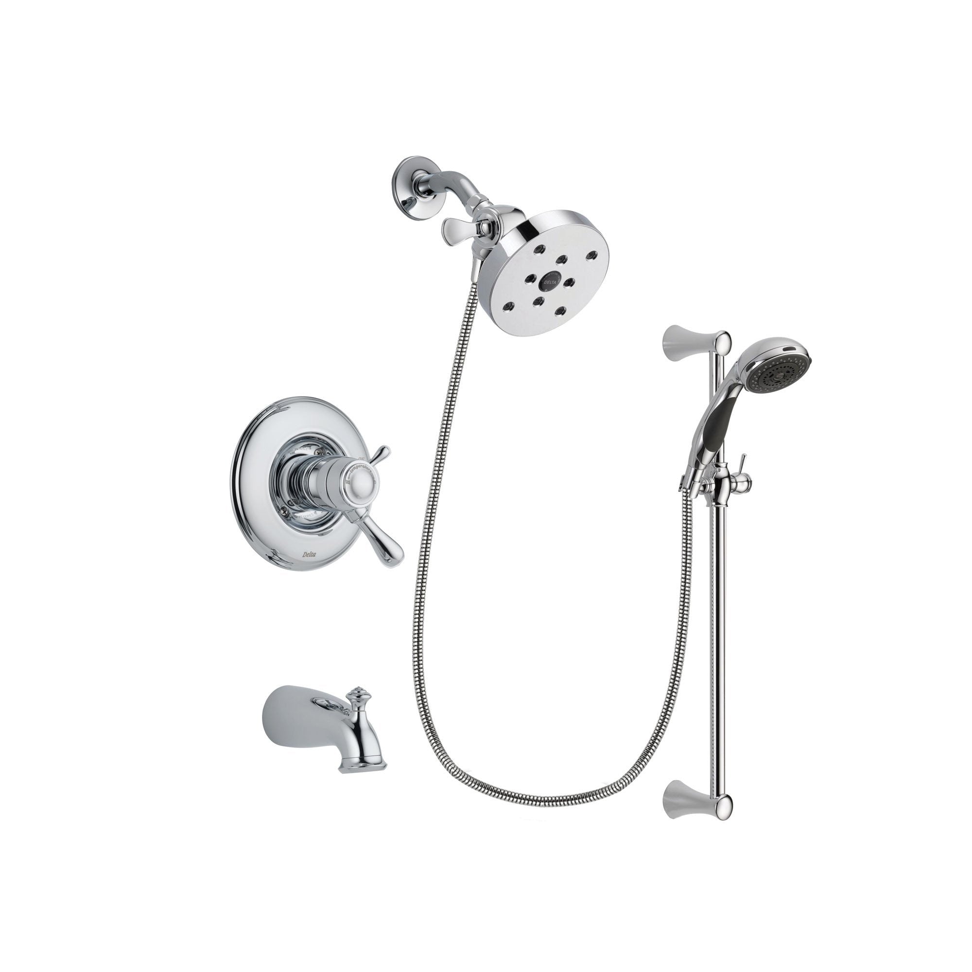 Delta Leland Chrome Finish Thermostatic Tub and Shower Faucet System Package with 5-1/2 inch Shower Head and 5-Spray Wall Mount Slide Bar with Personal Handheld Shower Includes Rough-in Valve and Tub Spout DSP0803V