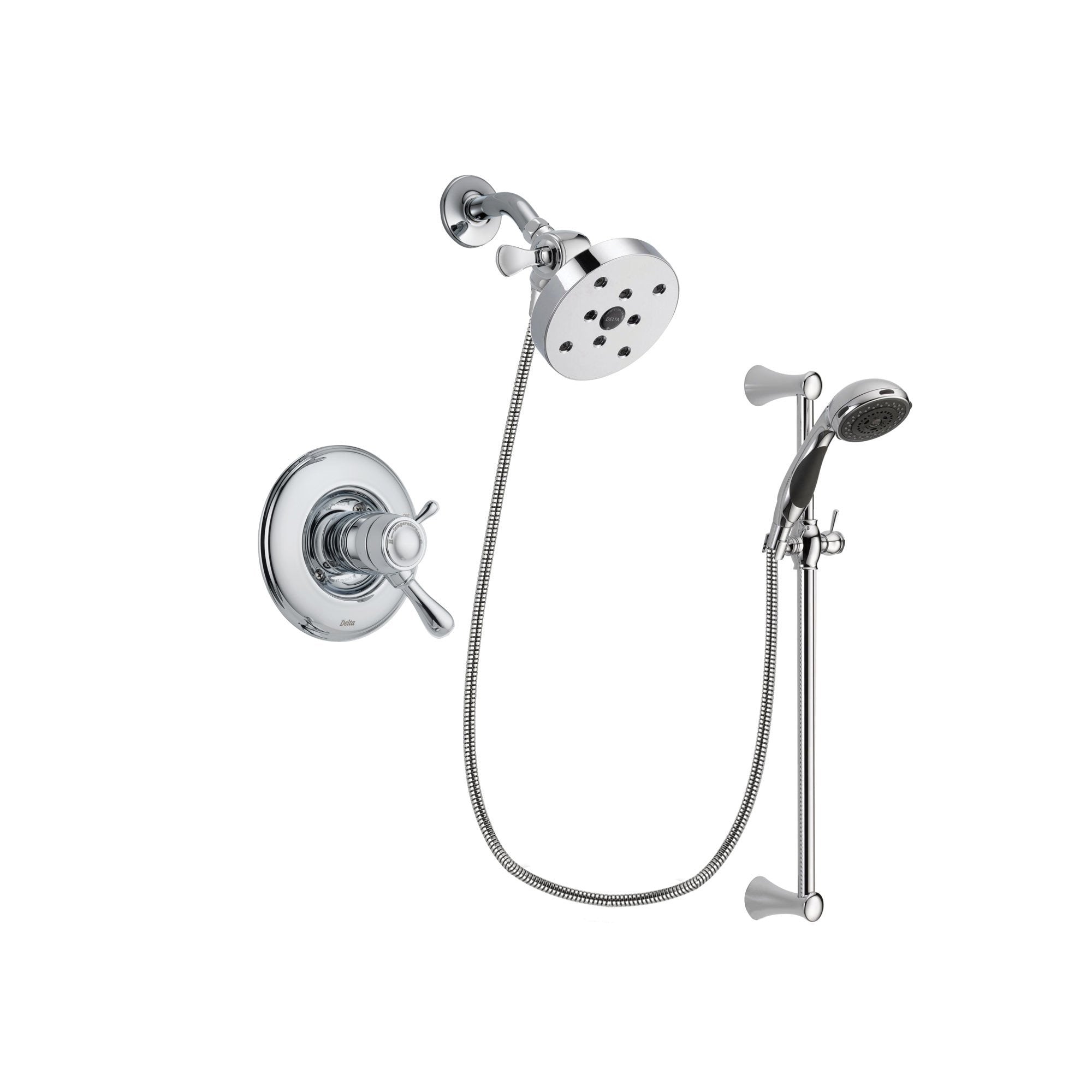 Delta Leland Chrome Finish Thermostatic Shower Faucet System Package with 5-1/2 inch Shower Head and 5-Spray Wall Mount Slide Bar with Personal Handheld Shower Includes Rough-in Valve DSP0804V