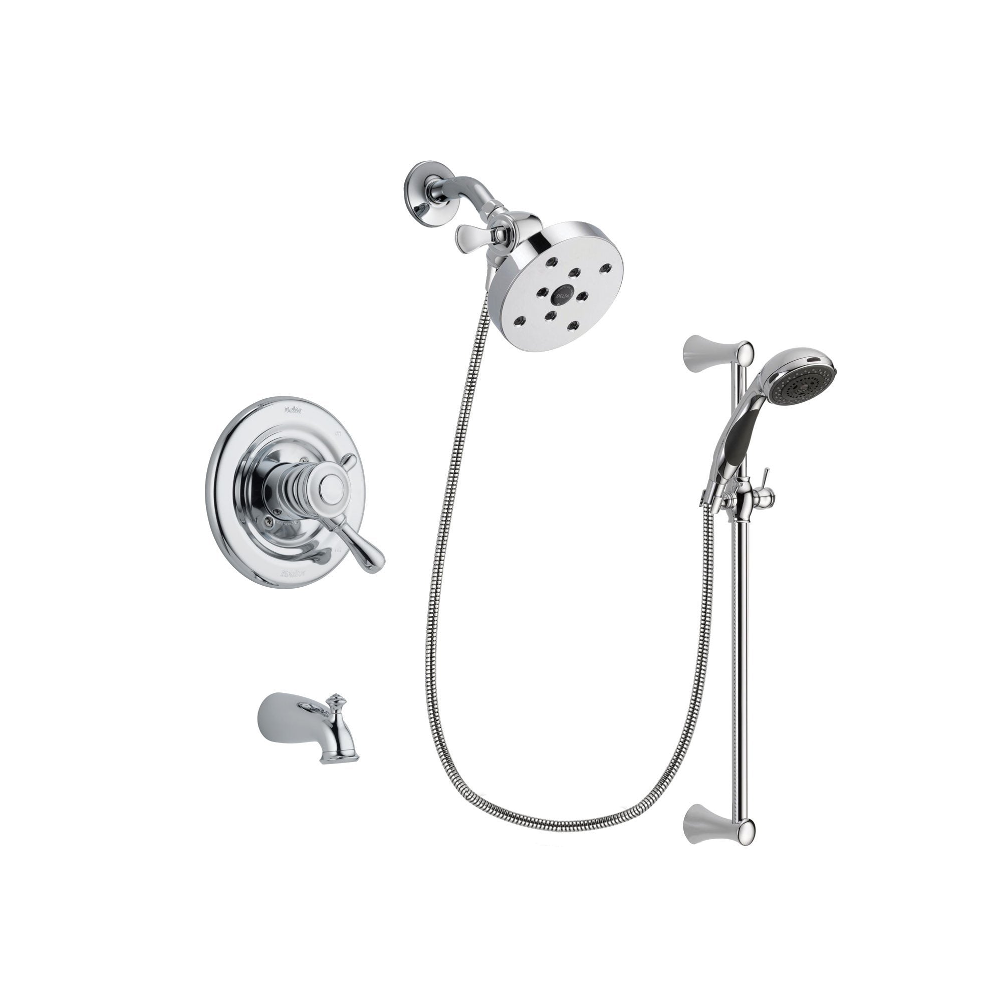 Delta Leland Chrome Finish Dual Control Tub and Shower Faucet System Package with 5-1/2 inch Shower Head and 5-Spray Wall Mount Slide Bar with Personal Handheld Shower Includes Rough-in Valve and Tub Spout DSP0825V