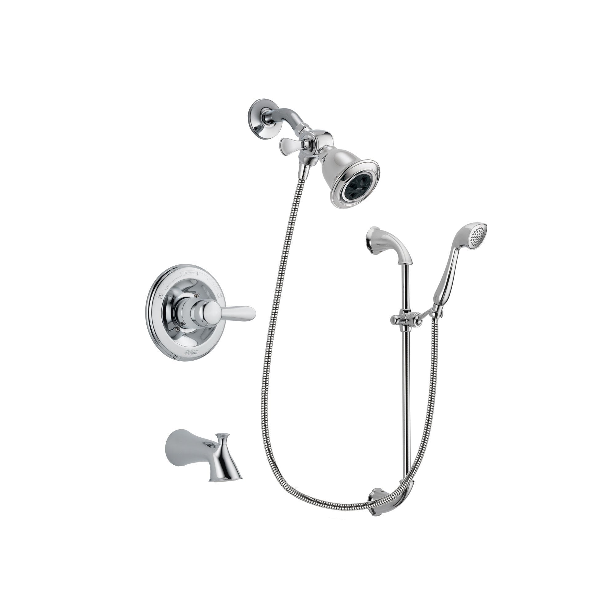 Delta Lahara Chrome Finish Tub and Shower Faucet System Package with Water Efficient Showerhead and Handheld Shower with Slide Bar Includes Rough-in Valve and Tub Spout DSP0877V