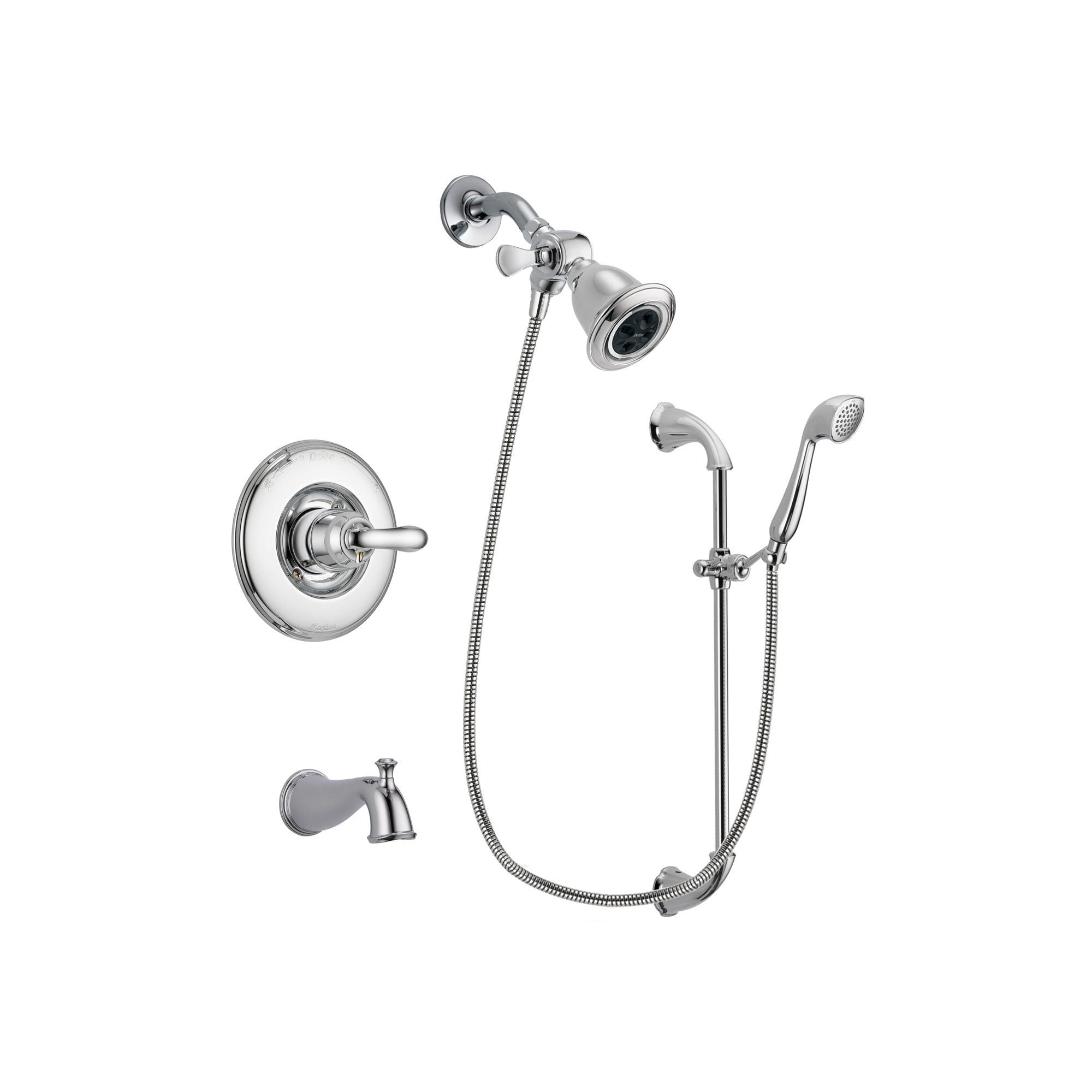 Delta Linden Chrome Finish Tub and Shower Faucet System Package with Water Efficient Showerhead and Handheld Shower with Slide Bar Includes Rough-in Valve and Tub Spout DSP0885V