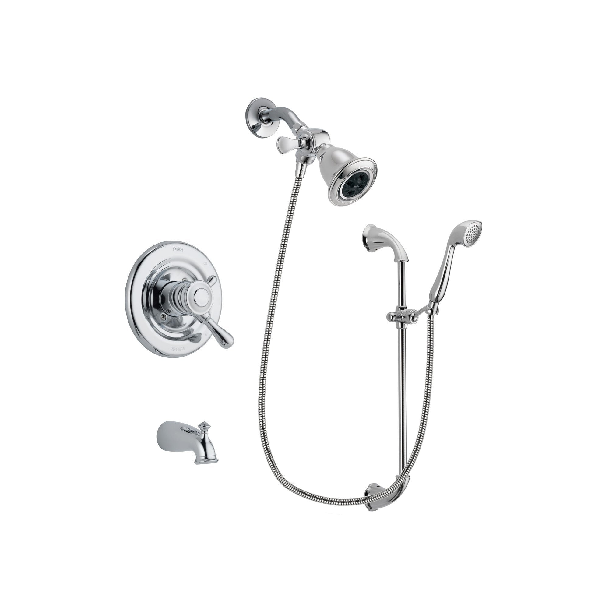 Delta Leland Chrome Finish Dual Control Tub and Shower Faucet System Package with Water Efficient Showerhead and Handheld Shower with Slide Bar Includes Rough-in Valve and Tub Spout DSP0893V