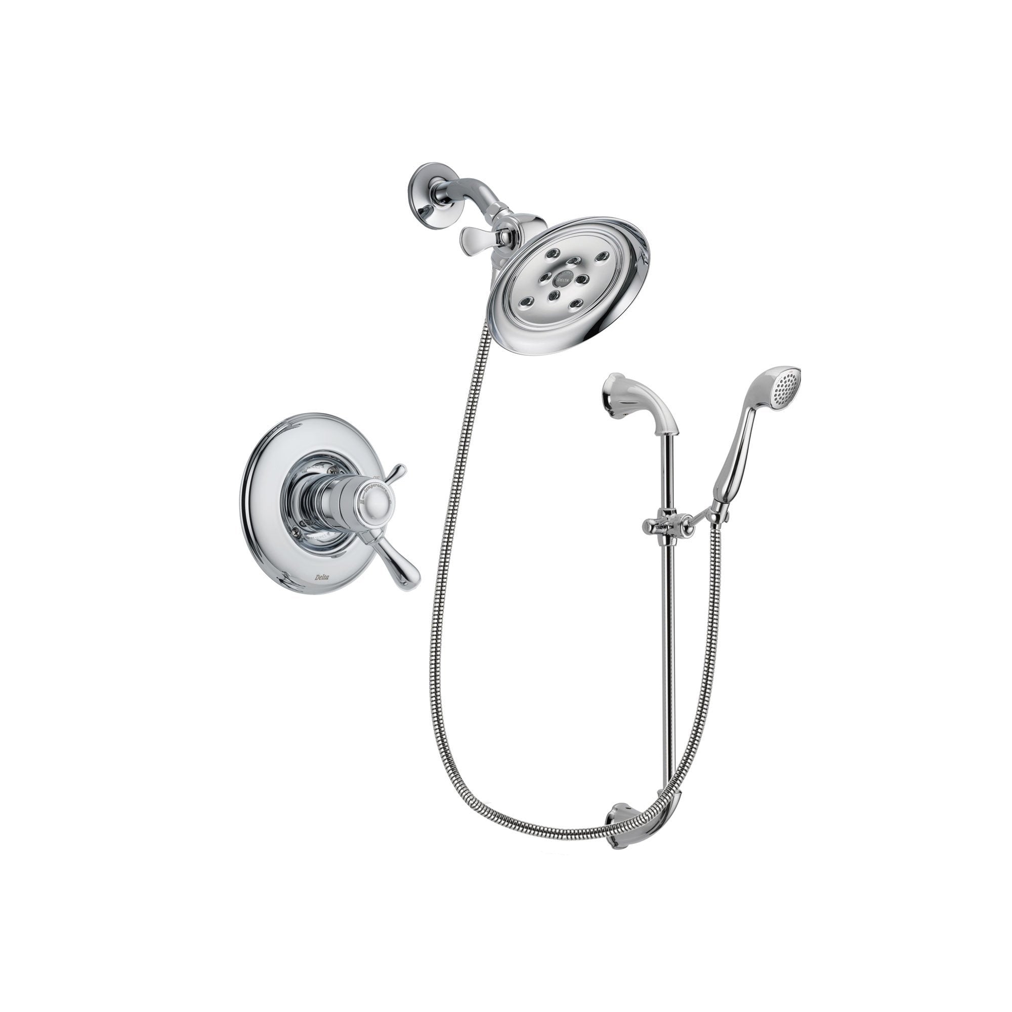 Delta Leland Chrome Finish Thermostatic Shower Faucet System Package with Large Rain Showerhead and Handheld Shower with Slide Bar Includes Rough-in Valve DSP0906V