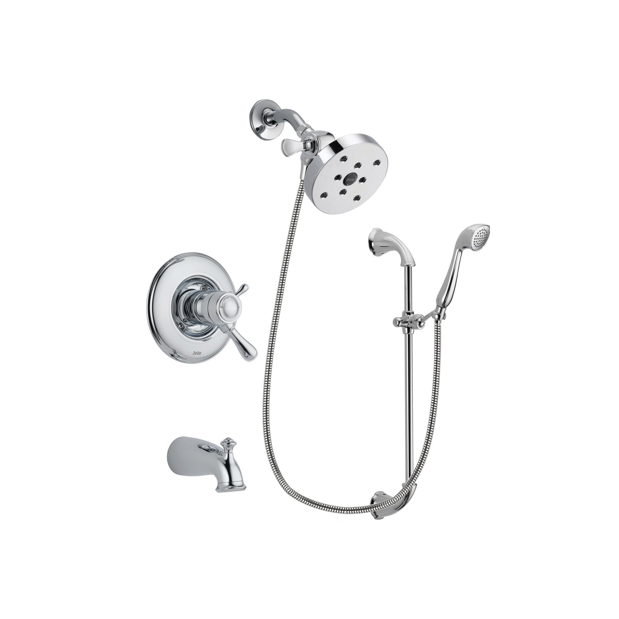 Delta Leland Chrome Finish Thermostatic Tub and Shower Faucet System Package with 5-1/2 inch Shower Head and Handheld Shower with Slide Bar Includes Rough-in Valve and Tub Spout DSP0939V