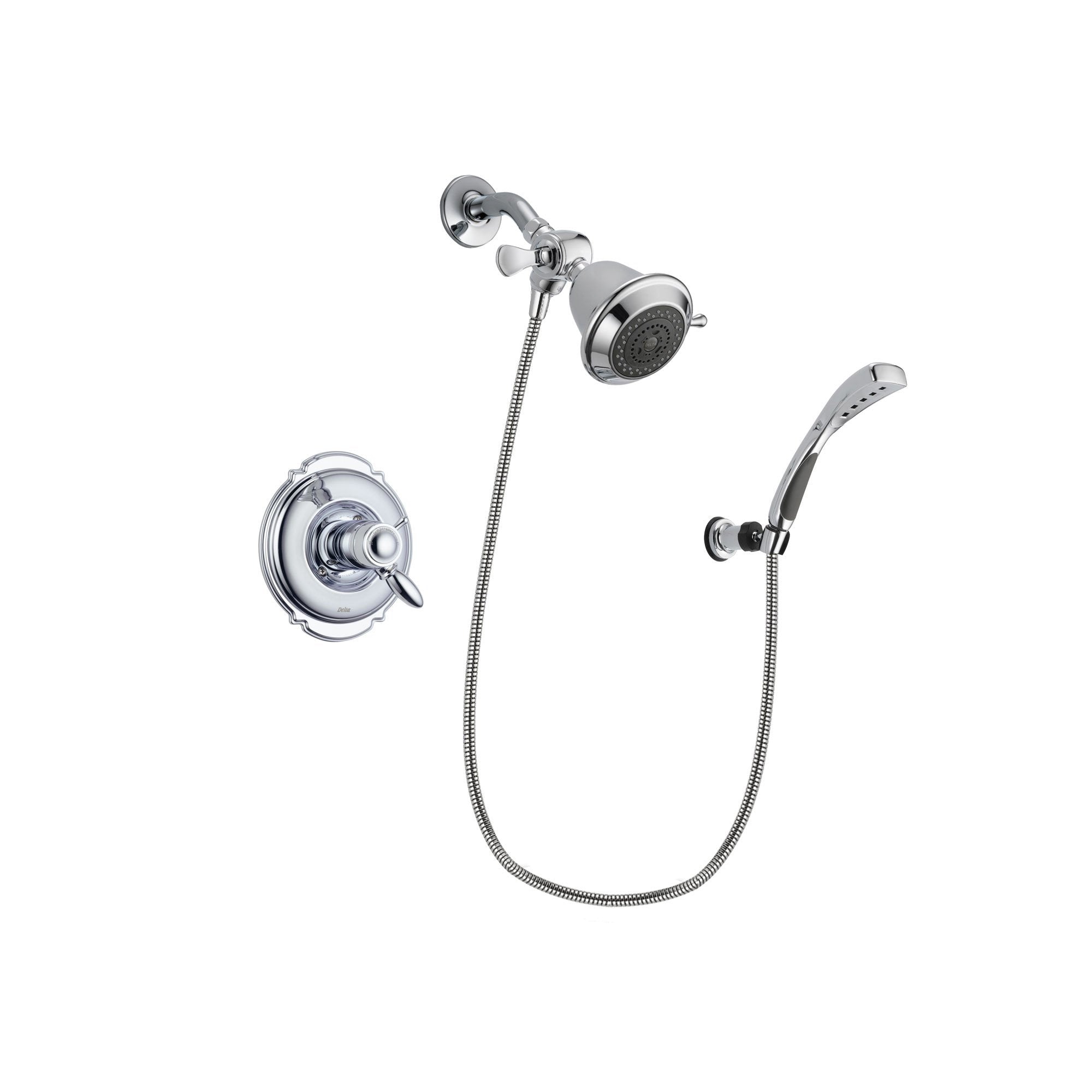 Delta Victorian Chrome Finish Thermostatic Shower Faucet System Package with Shower Head and Wall-Mount Bracket with Handheld Shower Spray Includes Rough-in Valve DSP0972V