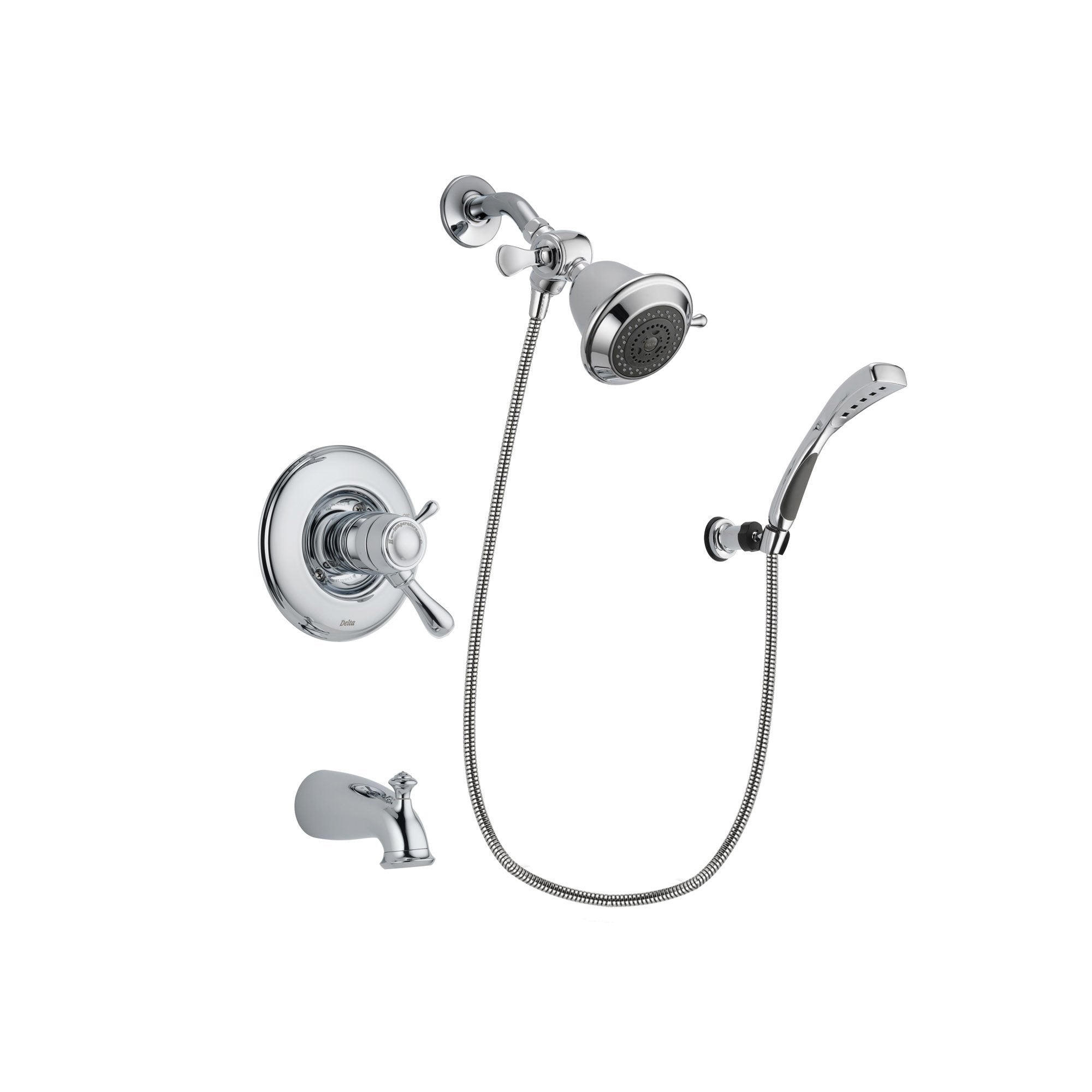Delta Leland Chrome Finish Thermostatic Tub and Shower Faucet System Package with Shower Head and Wall-Mount Bracket with Handheld Shower Spray Includes Rough-in Valve and Tub Spout DSP0973V