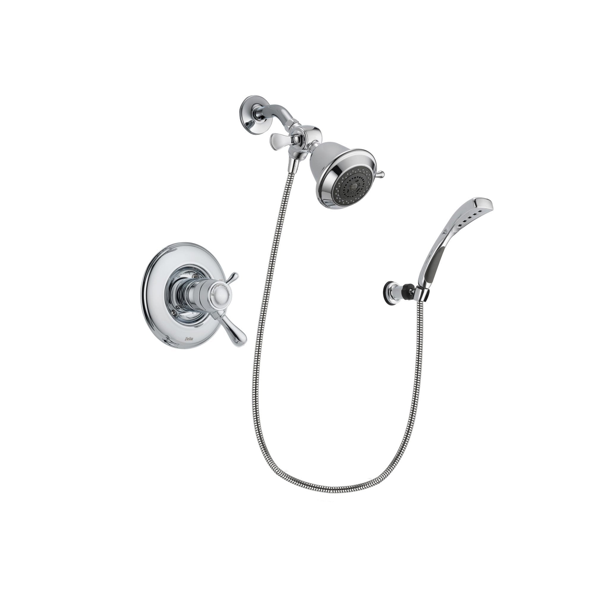 Delta Leland Chrome Finish Thermostatic Shower Faucet System Package with Shower Head and Wall-Mount Bracket with Handheld Shower Spray Includes Rough-in Valve DSP0974V
