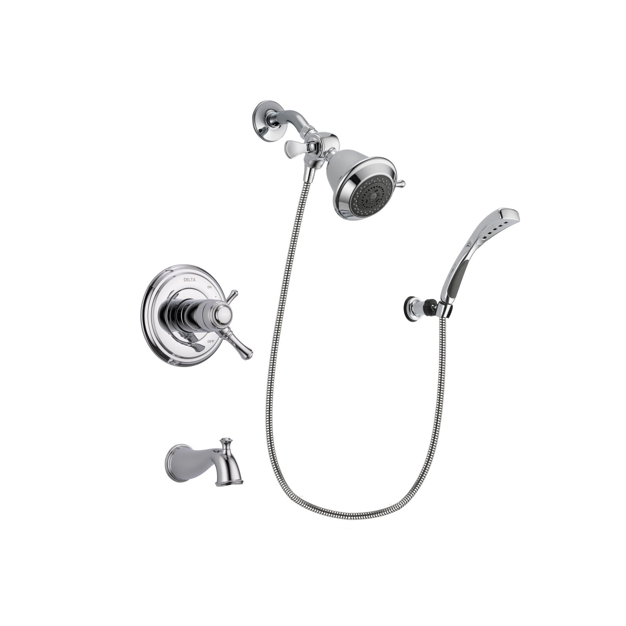 Delta Cassidy Chrome Finish Thermostatic Tub and Shower Faucet System Package with Shower Head and Wall-Mount Bracket with Handheld Shower Spray Includes Rough-in Valve and Tub Spout DSP0977V