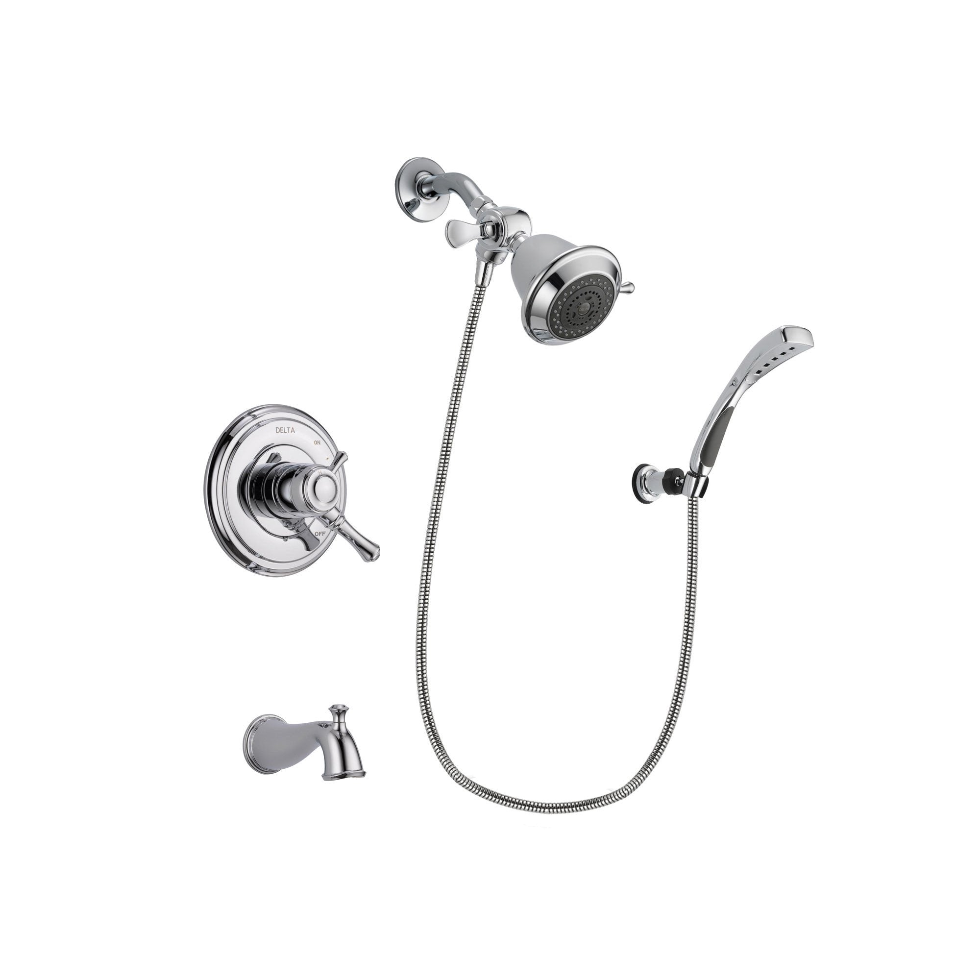Delta Cassidy Chrome Finish Dual Control Tub and Shower Faucet System Package with Shower Head and Wall-Mount Bracket with Handheld Shower Spray Includes Rough-in Valve and Tub Spout DSP1001V