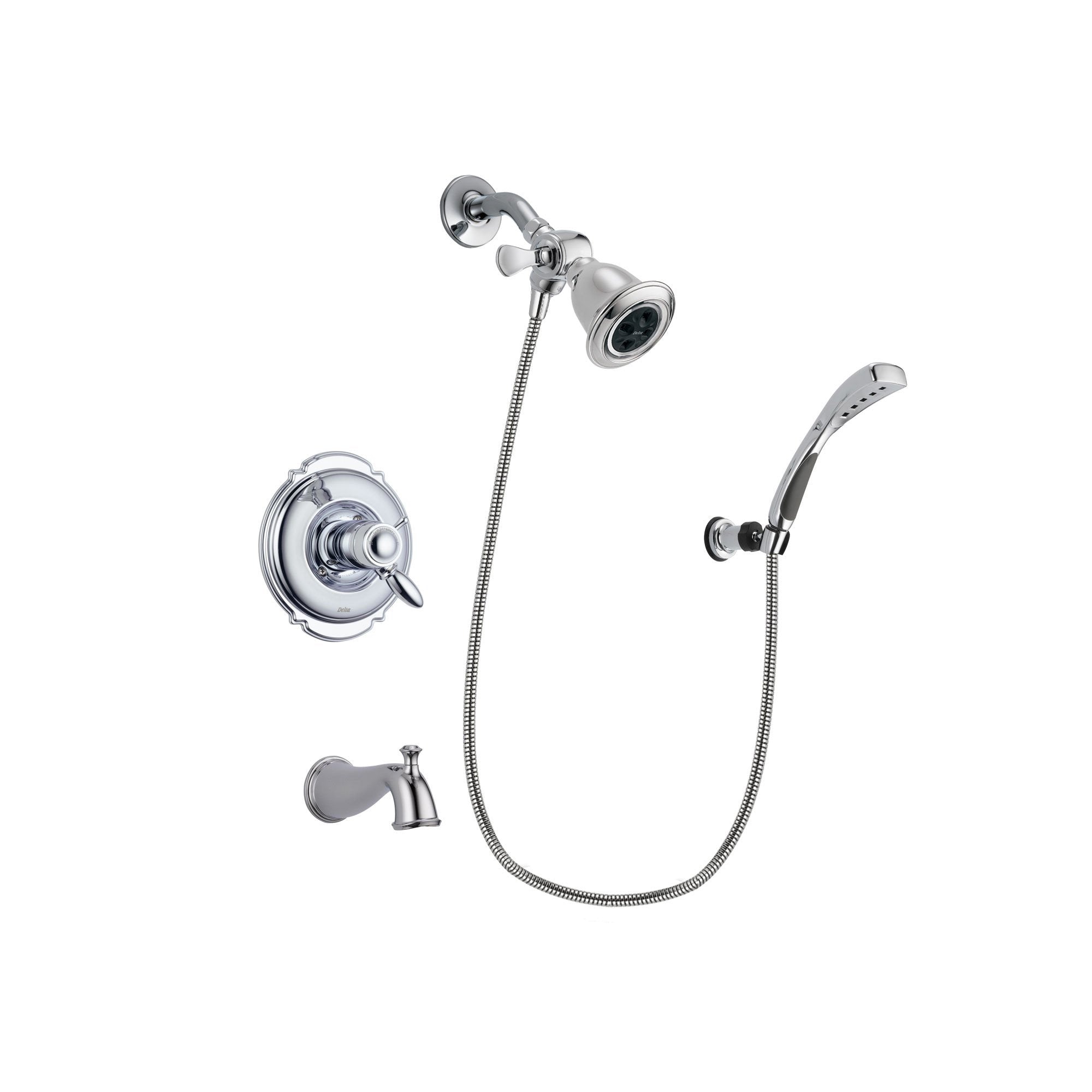 Delta Victorian Chrome Finish Thermostatic Tub and Shower Faucet System Package with Water Efficient Showerhead and Wall-Mount Bracket with Handheld Shower Spray Includes Rough-in Valve and Tub Spout DSP1005V
