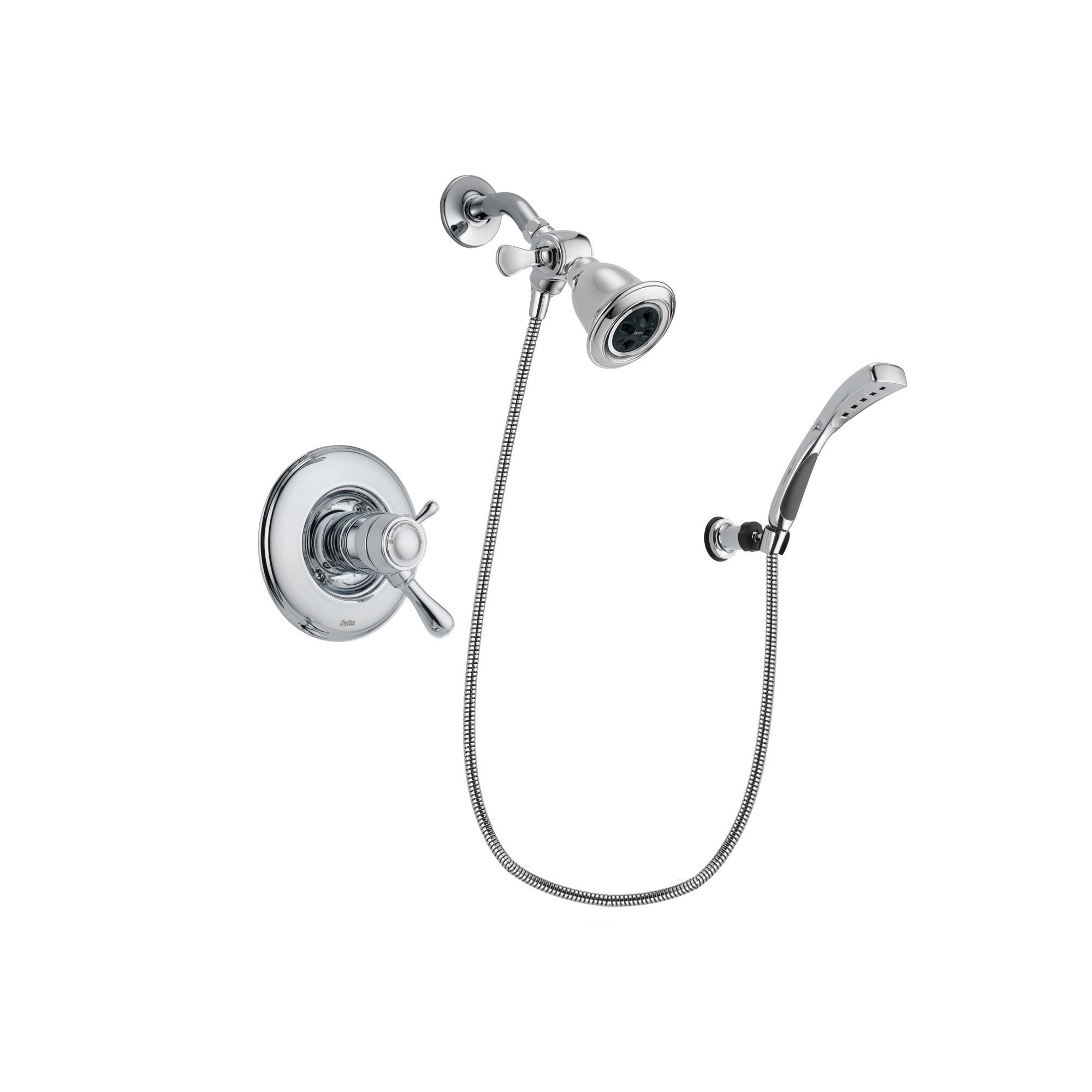 Delta Leland Chrome Finish Thermostatic Shower Faucet System Package with Water Efficient Showerhead and Wall-Mount Bracket with Handheld Shower Spray Includes Rough-in Valve DSP1008V