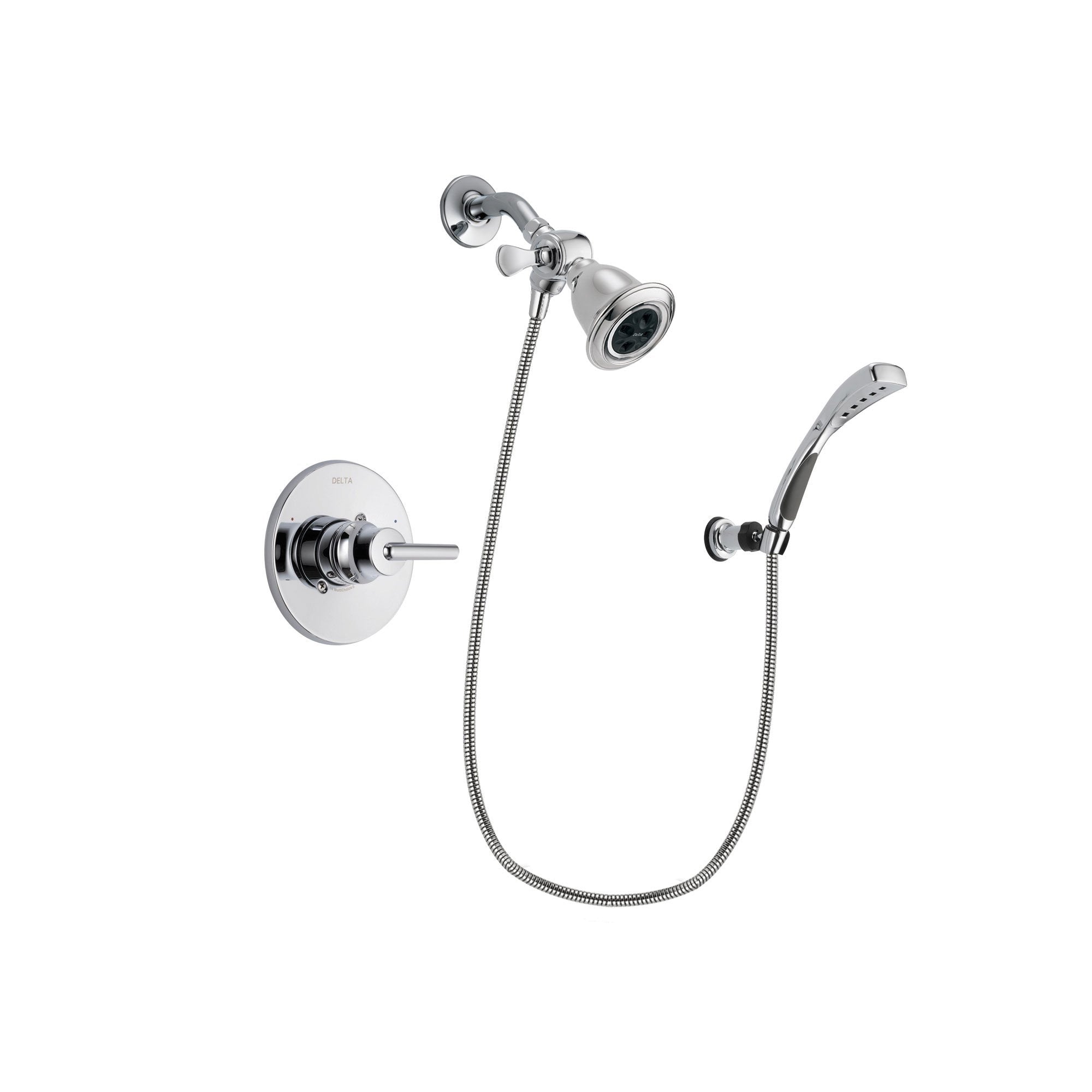 Delta Trinsic Chrome Finish Shower Faucet System Package with Water Efficient Showerhead and Wall-Mount Bracket with Handheld Shower Spray Includes Rough-in Valve DSP1016V