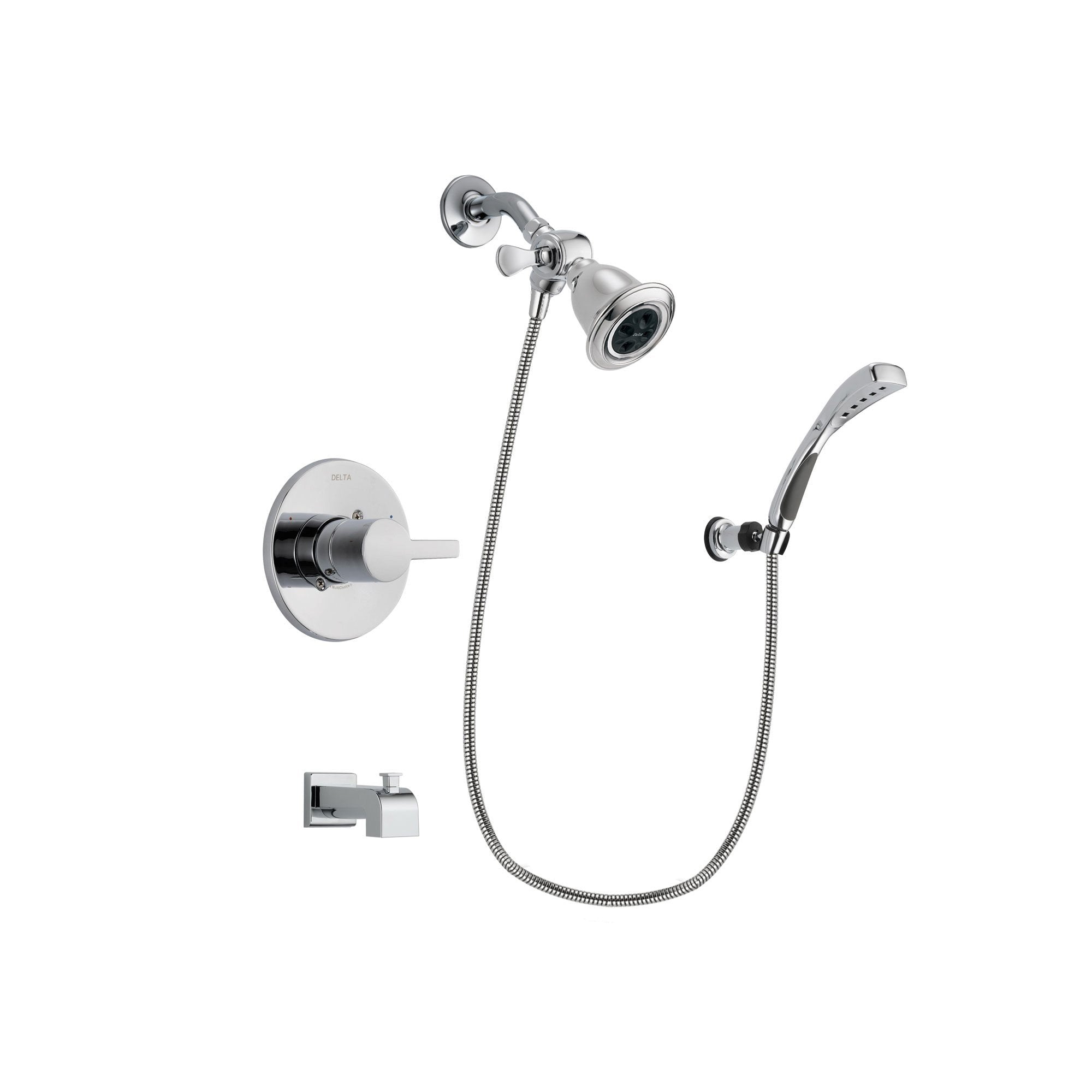 Delta Compel Chrome Finish Tub and Shower Faucet System Package with Water Efficient Showerhead and Wall-Mount Bracket with Handheld Shower Spray Includes Rough-in Valve and Tub Spout DSP1017V