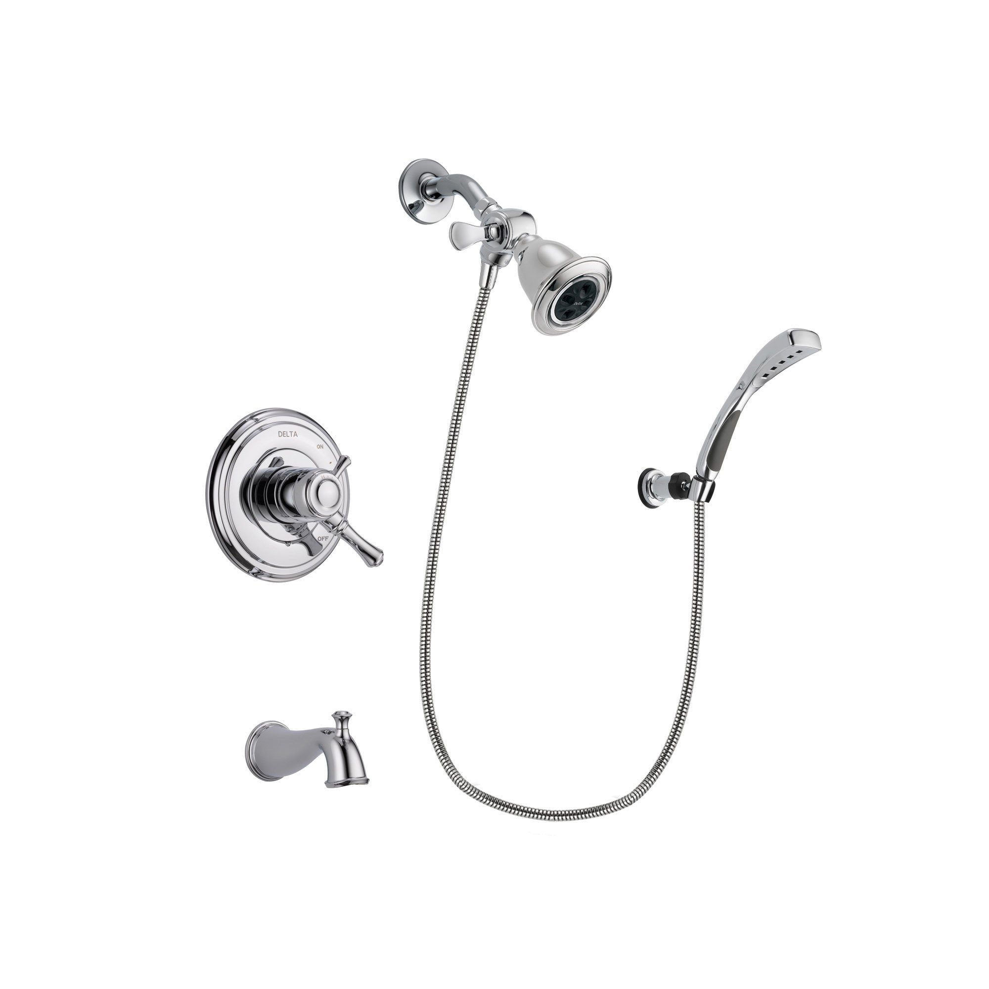 Delta Cassidy Chrome Finish Dual Control Tub and Shower Faucet System Package with Water Efficient Showerhead and Wall-Mount Bracket with Handheld Shower Spray Includes Rough-in Valve and Tub Spout DSP1035V