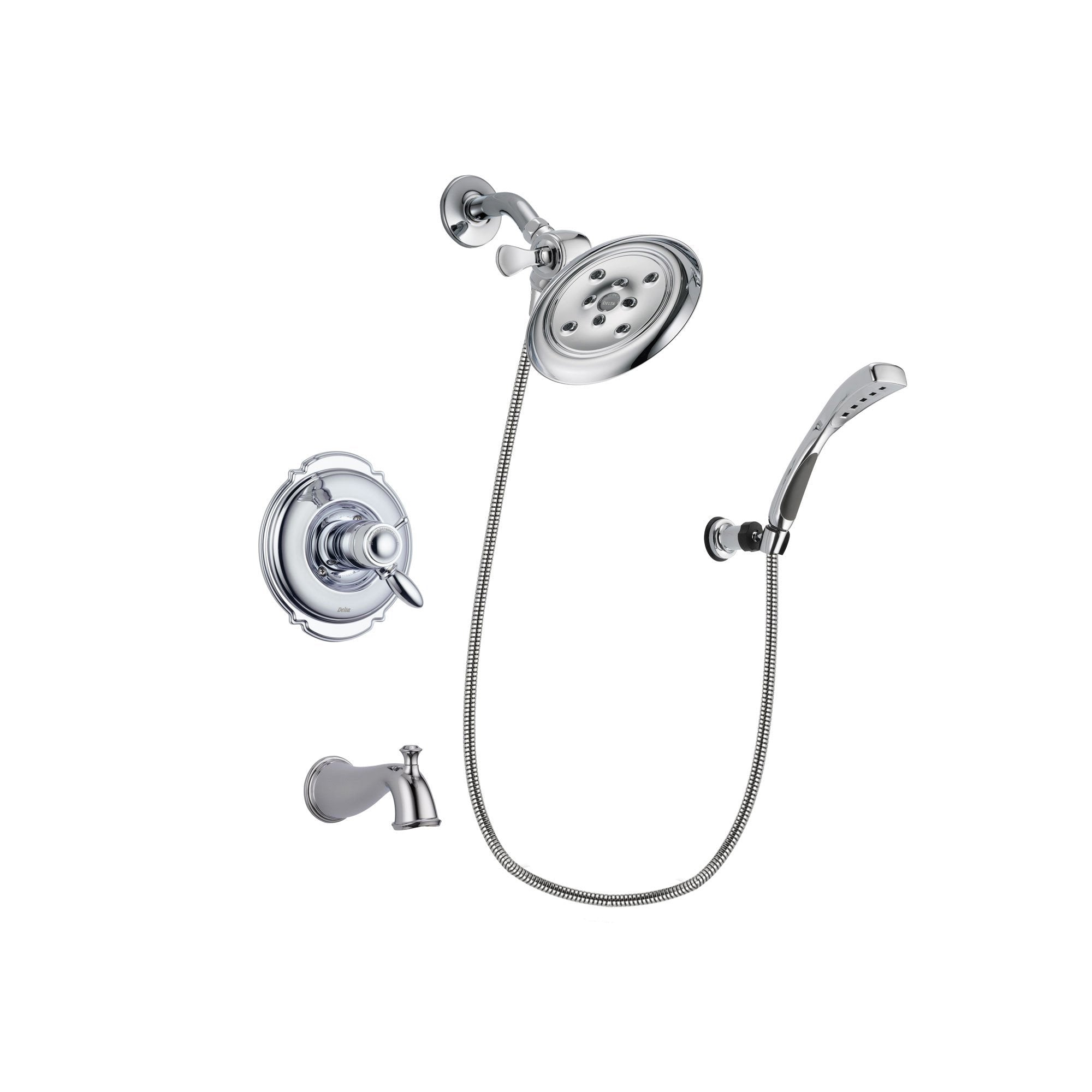 Delta Victorian Chrome Finish Thermostatic Tub and Shower Faucet System Package with Large Rain Showerhead and Wall-Mount Bracket with Handheld Shower Spray Includes Rough-in Valve and Tub Spout DSP1039V