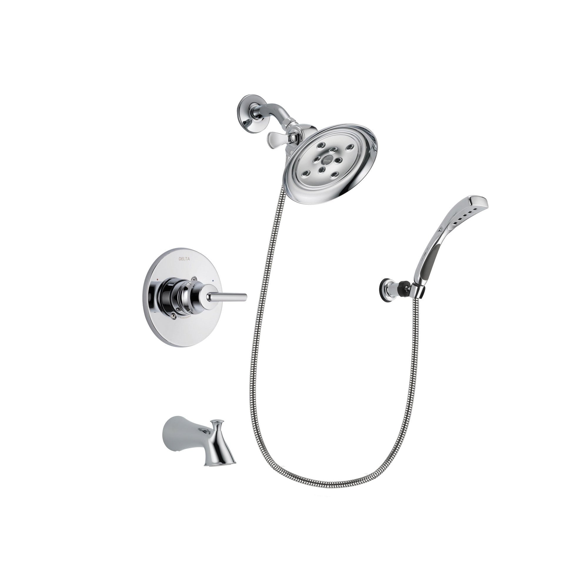 Delta Trinsic Chrome Finish Tub and Shower Faucet System Package with Large Rain Showerhead and Wall-Mount Bracket with Handheld Shower Spray Includes Rough-in Valve and Tub Spout DSP1049V