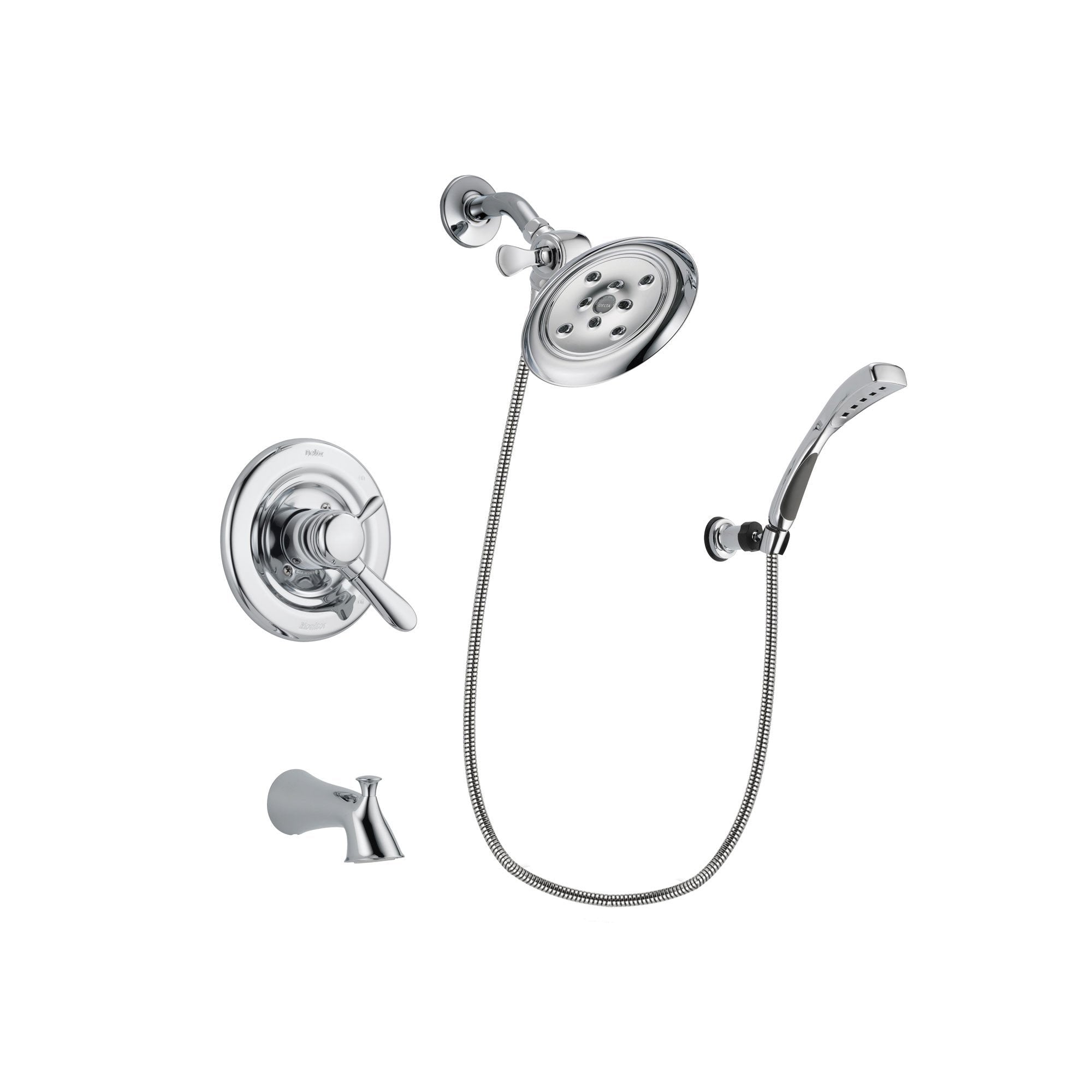 Delta Lahara Chrome Finish Dual Control Tub and Shower Faucet System Package with Large Rain Showerhead and Wall-Mount Bracket with Handheld Shower Spray Includes Rough-in Valve and Tub Spout DSP1057V