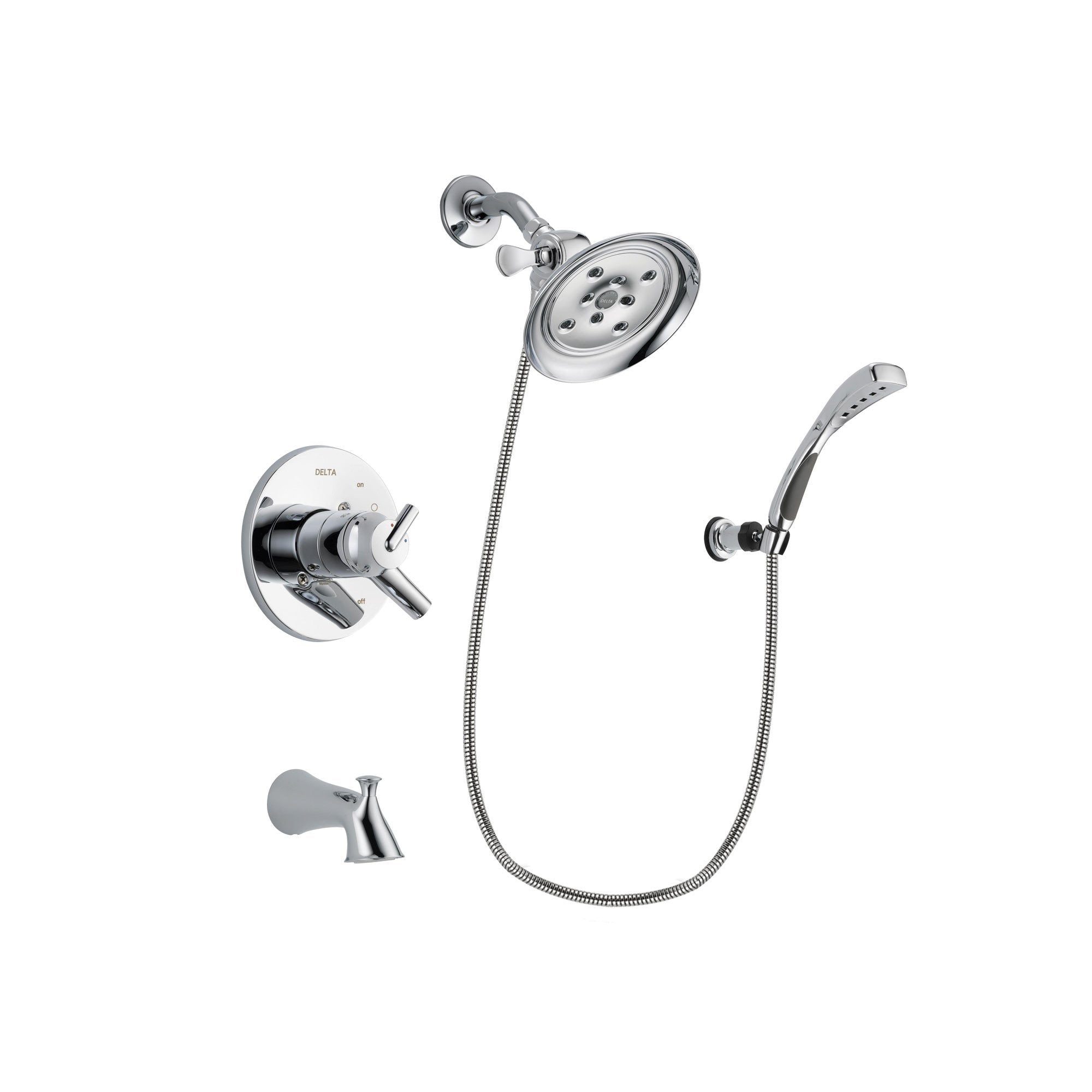 Delta Trinsic Chrome Finish Dual Control Tub and Shower Faucet System Package with Large Rain Showerhead and Wall-Mount Bracket with Handheld Shower Spray Includes Rough-in Valve and Tub Spout DSP1059V