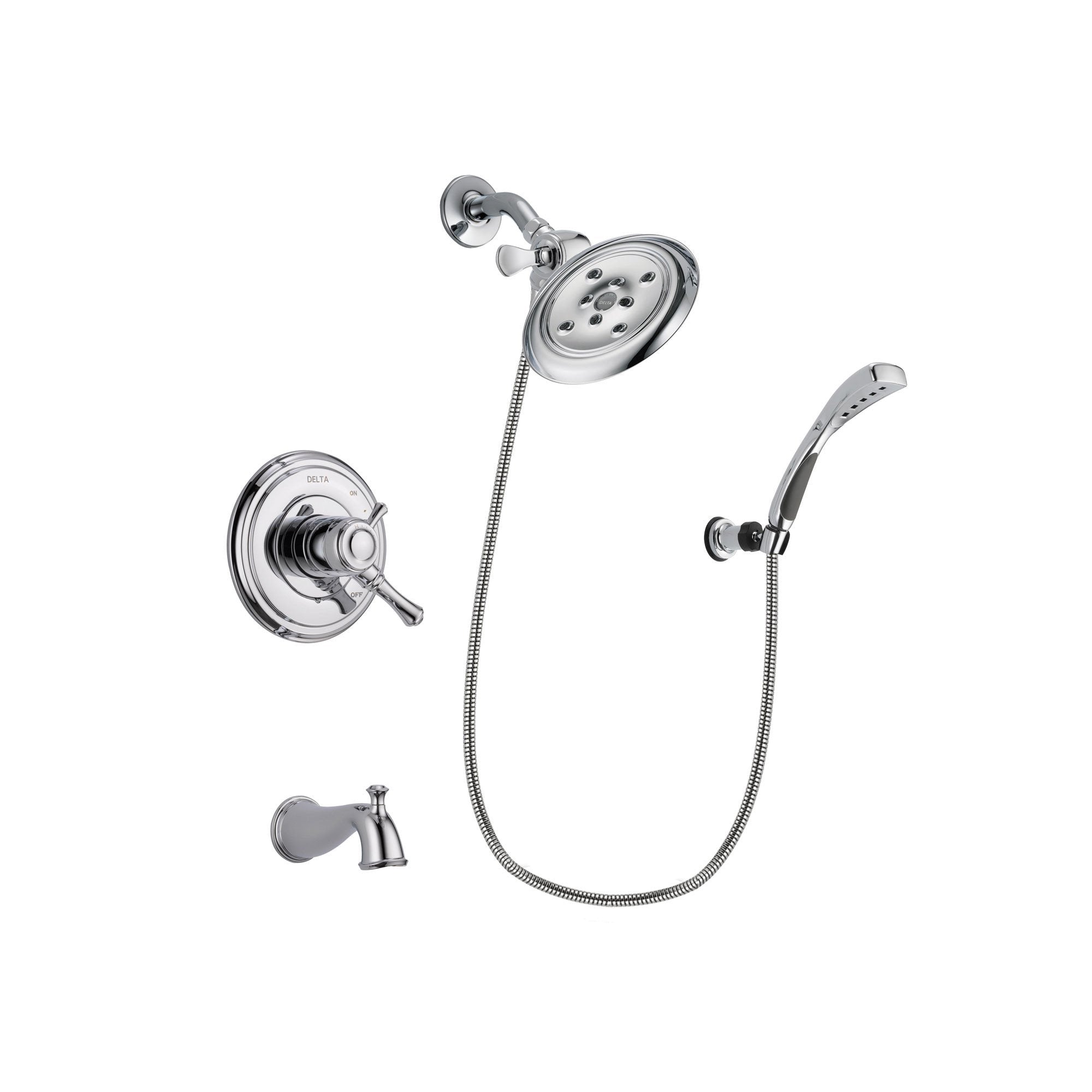 Delta Cassidy Chrome Finish Dual Control Tub and Shower Faucet System Package with Large Rain Showerhead and Wall-Mount Bracket with Handheld Shower Spray Includes Rough-in Valve and Tub Spout DSP1069V