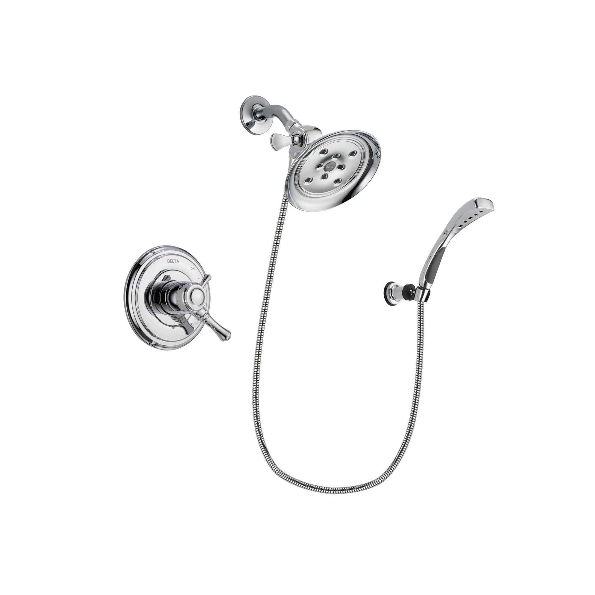 Delta Cassidy Chrome Finish Dual Control Shower Faucet System Package with Large Rain Showerhead and Wall-Mount Bracket with Handheld Shower Spray Includes Rough-in Valve DSP1070V