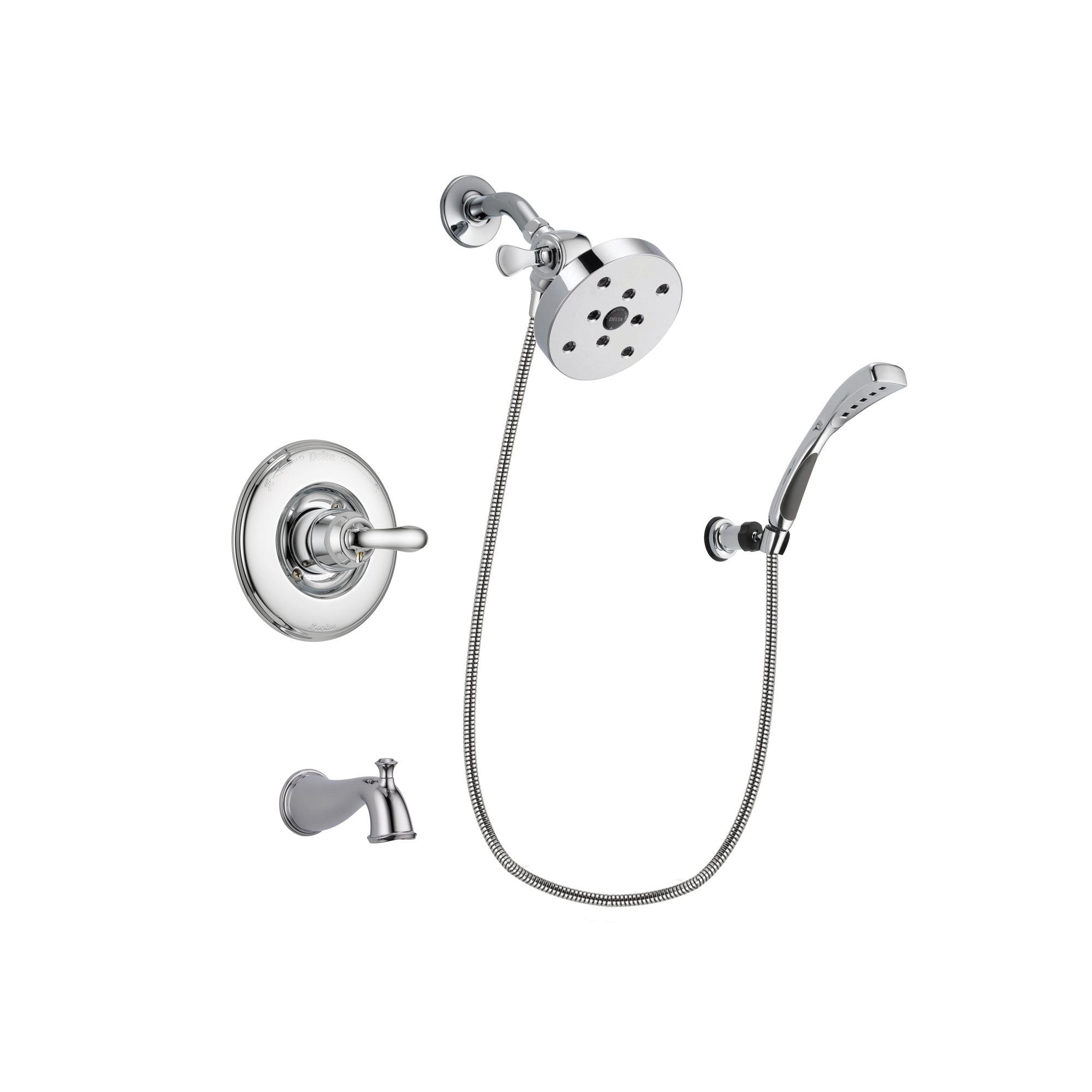 Delta Linden Chrome Finish Tub and Shower Faucet System Package with 5-1/2 inch Shower Head and Wall-Mount Bracket with Handheld Shower Spray Includes Rough-in Valve and Tub Spout DSP1089V