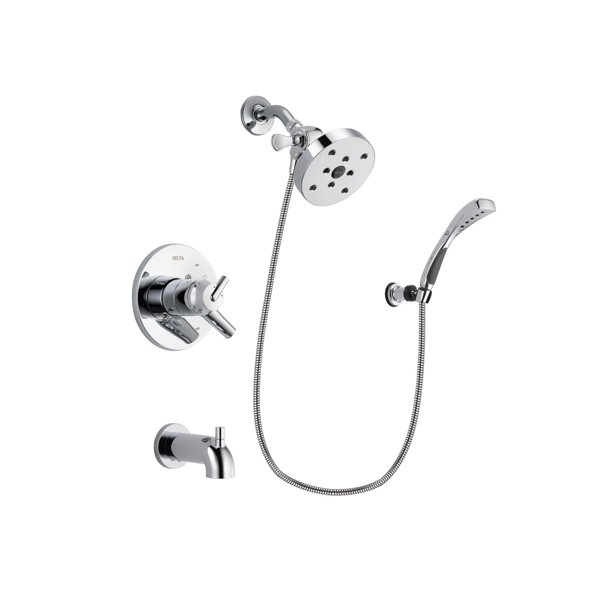 Delta Trinsic Chrome Finish Dual Control Tub and Shower Faucet System Package with 5-1/2 inch Shower Head and Wall-Mount Bracket with Handheld Shower Spray Includes Rough-in Valve and Tub Spout DSP1093V