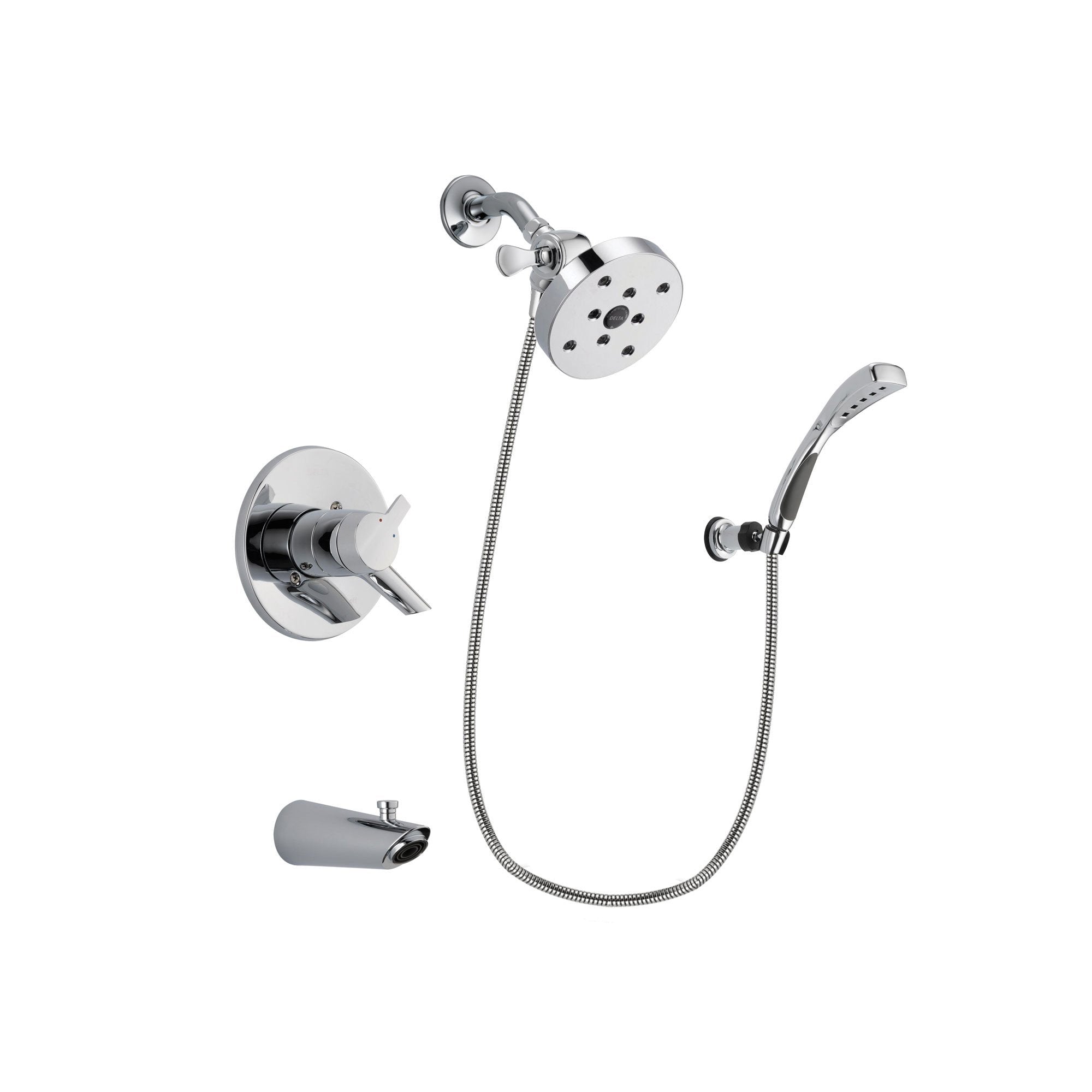Delta Compel Chrome Finish Dual Control Tub and Shower Faucet System Package with 5-1/2 inch Shower Head and Wall-Mount Bracket with Handheld Shower Spray Includes Rough-in Valve and Tub Spout DSP1095V