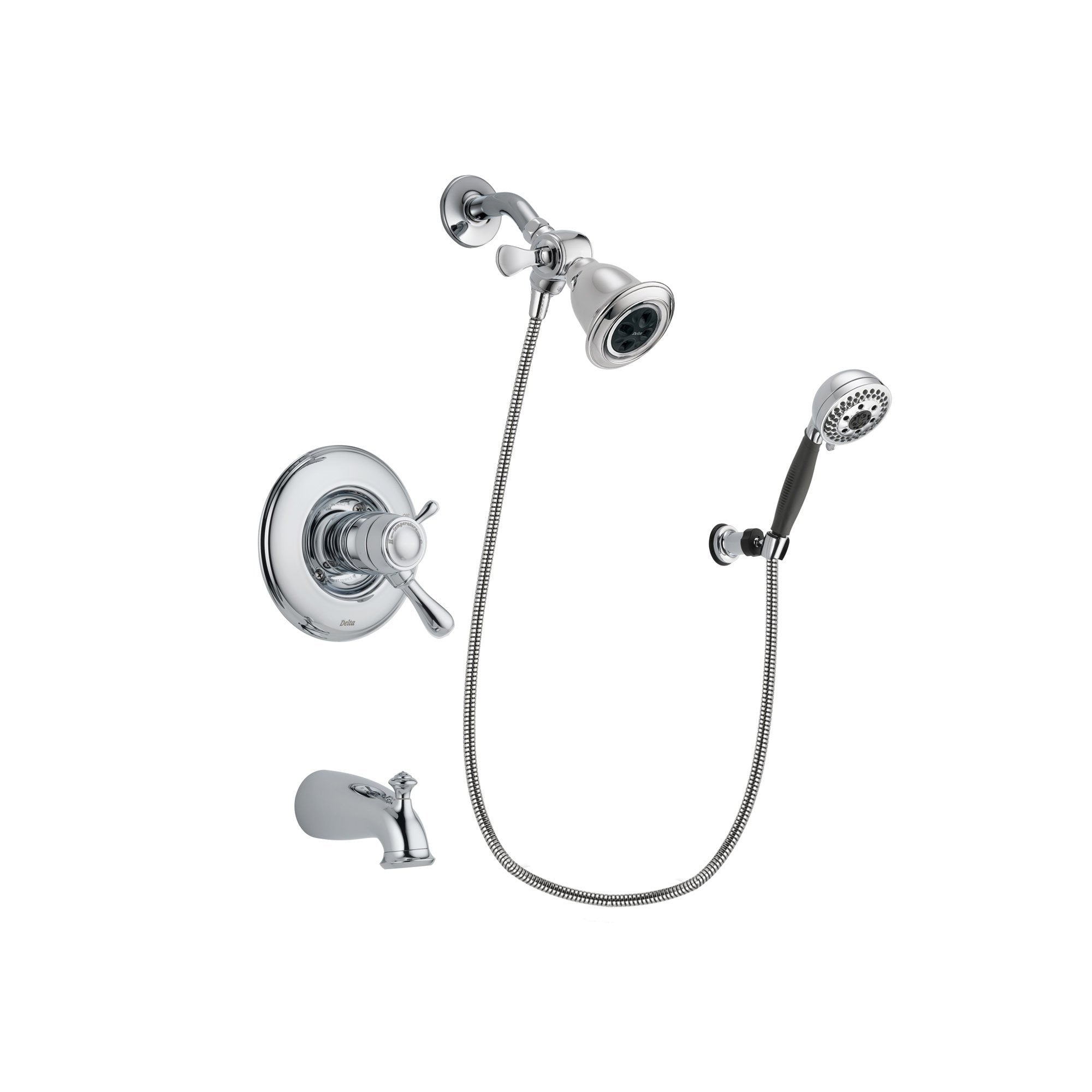 Delta Leland Chrome Finish Thermostatic Tub and Shower Faucet System Package with Water Efficient Showerhead and 5-Spray Modern Handheld Shower with Wall Bracket and Hose Includes Rough-in Valve and Tub Spout DSP1143V
