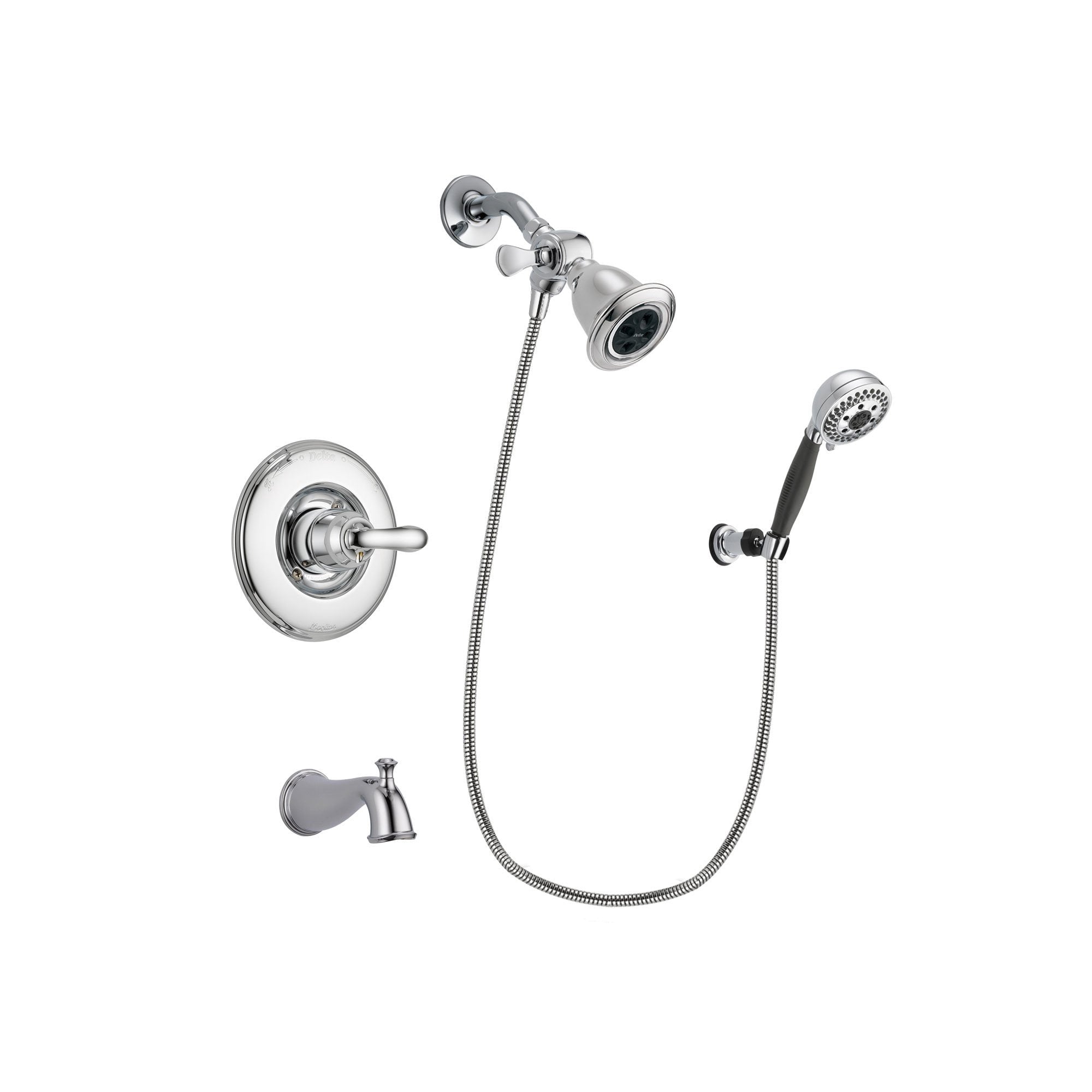 Delta Linden Chrome Finish Tub and Shower Faucet System Package with Water Efficient Showerhead and 5-Spray Modern Handheld Shower with Wall Bracket and Hose Includes Rough-in Valve and Tub Spout DSP1157V